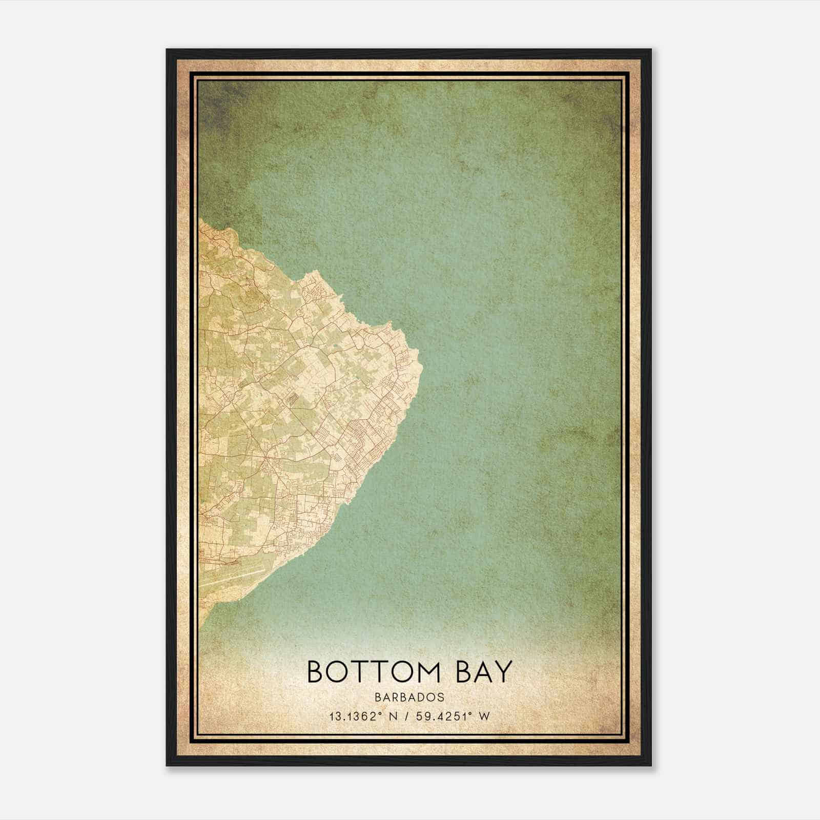 Vintage Bottom Bay Barbados Map Poster, Bottom Bay City Road Wall Art Print