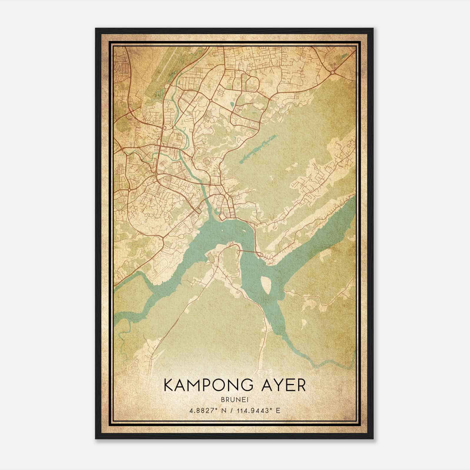 Vintage Kampong Ayer Brunei Map Poster, Kampong Ayer City Road Wall Art Print