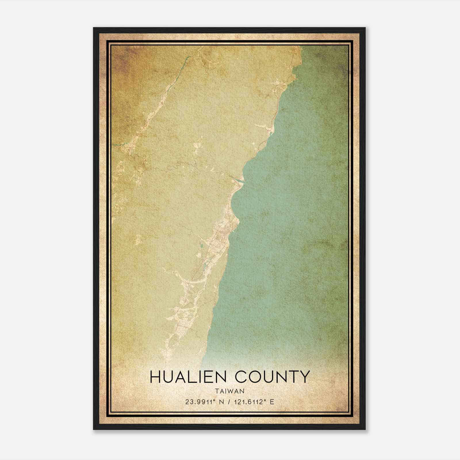 Vintage Hualien County Taiwan Map Poster, Hualien County City Road Wall Art Print