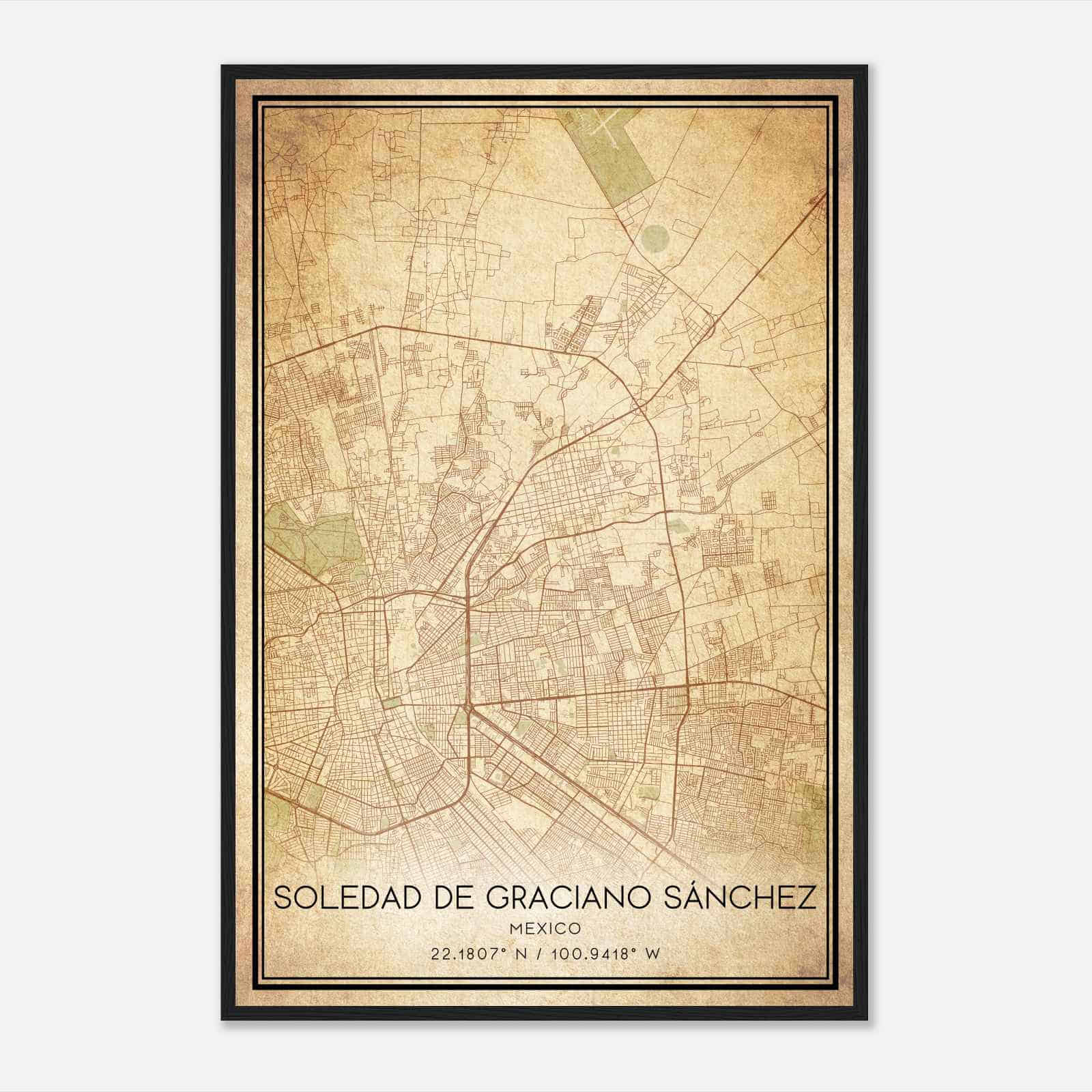 Vintage Soledad de Graciano Sanchez Mexico Map Poster, Soledad de Graciano Sanchez City Road Wall Art Print