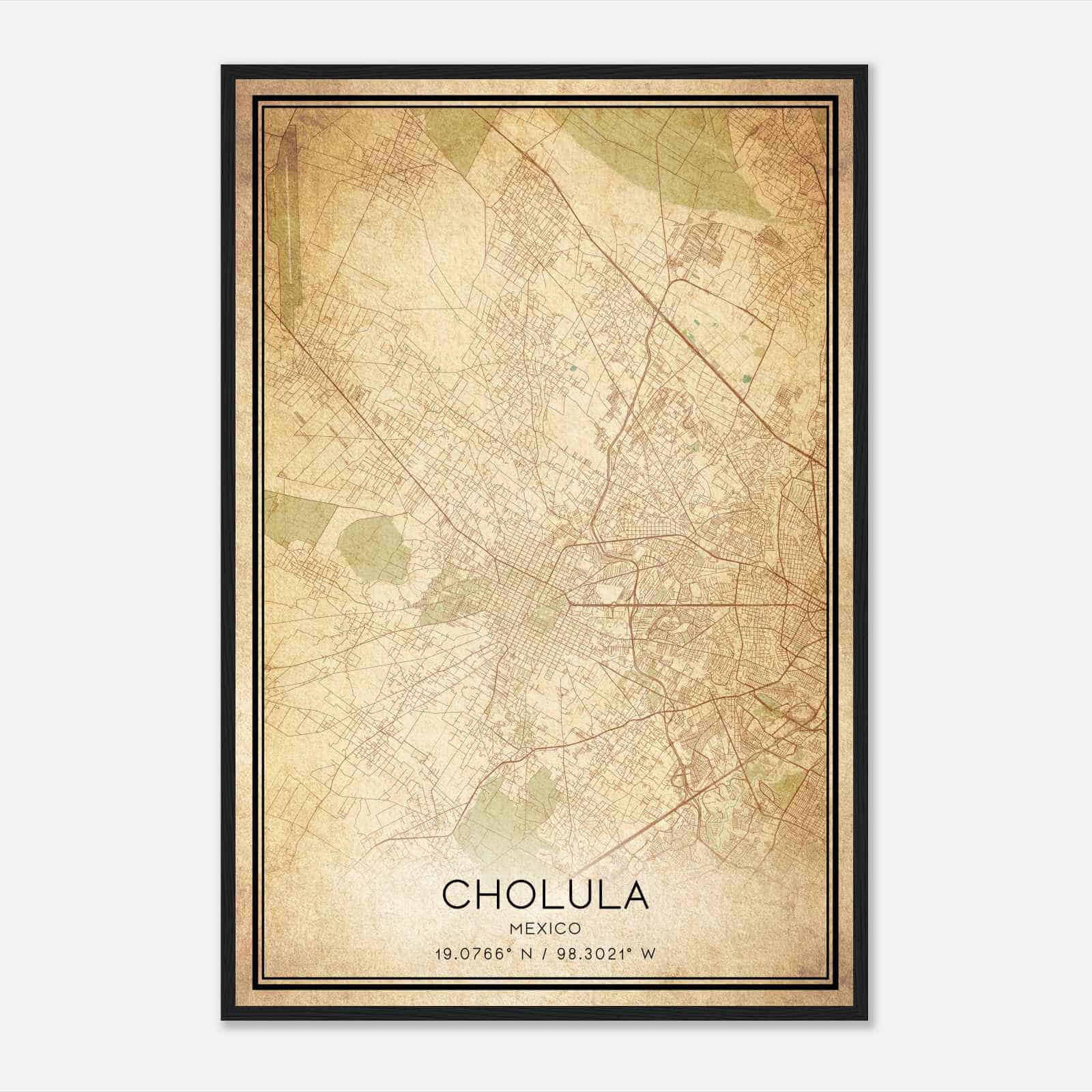 Vintage Cholula Mexico Map Poster, Cholula City Road Wall Art Print