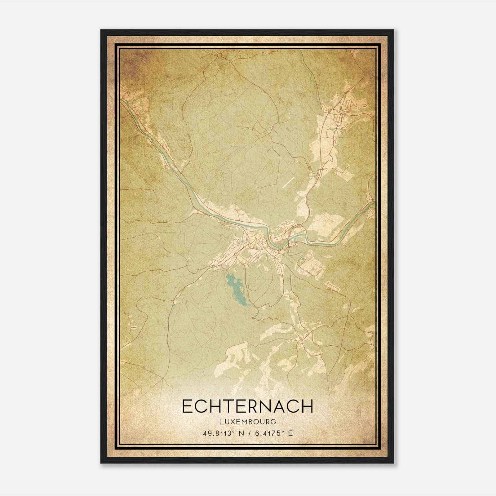 Vintage Echternach Luxembourg Map Poster, Echternach City Road Wall Art Print
