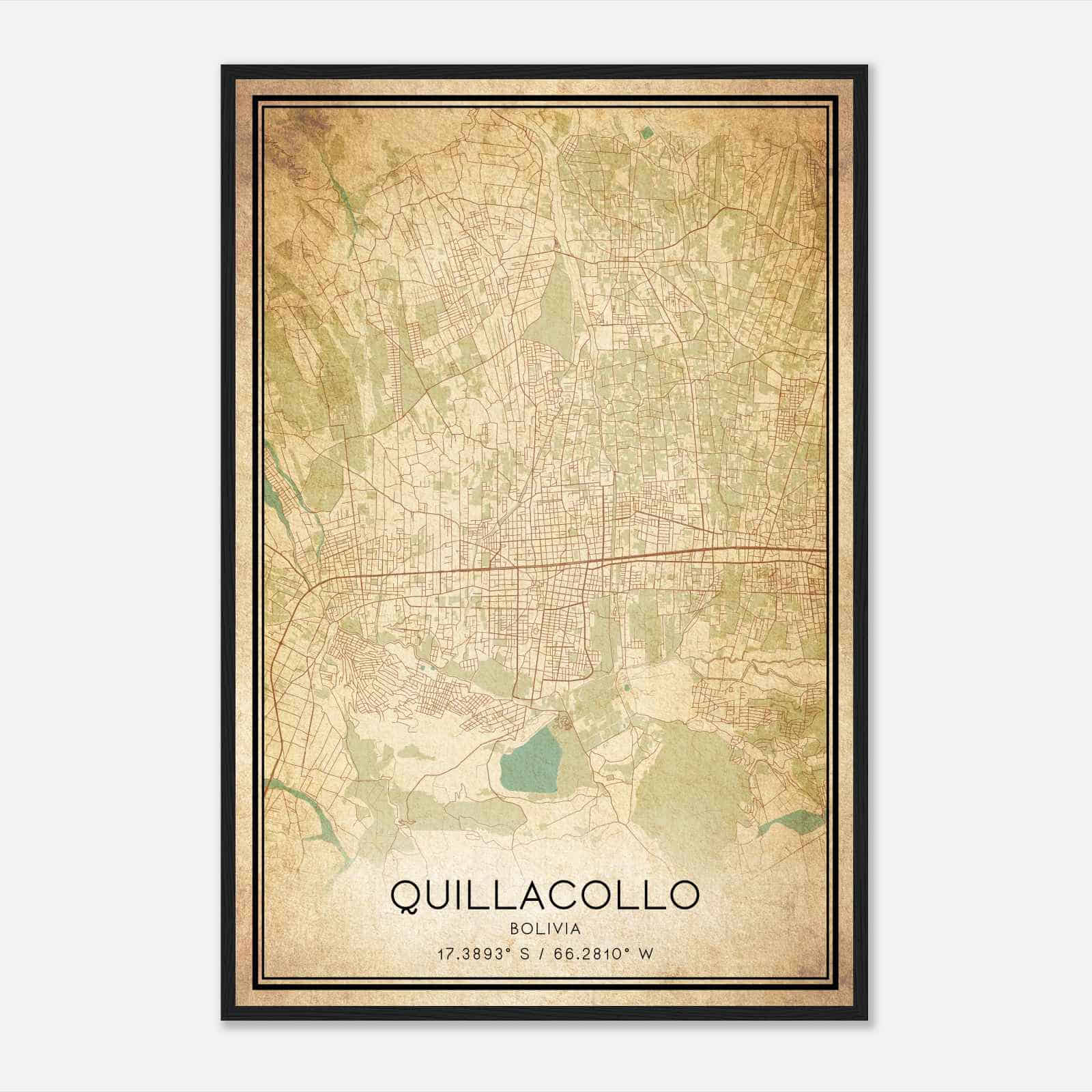Vintage Quillacollo Bolivia Map Poster, Quillacollo City Road Wall Art Print