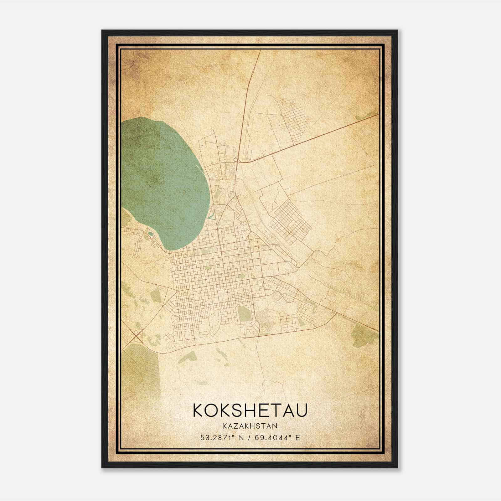 Vintage Kokshetau Kazakhstan Map Poster, Kokshetau City Road Wall Art Print