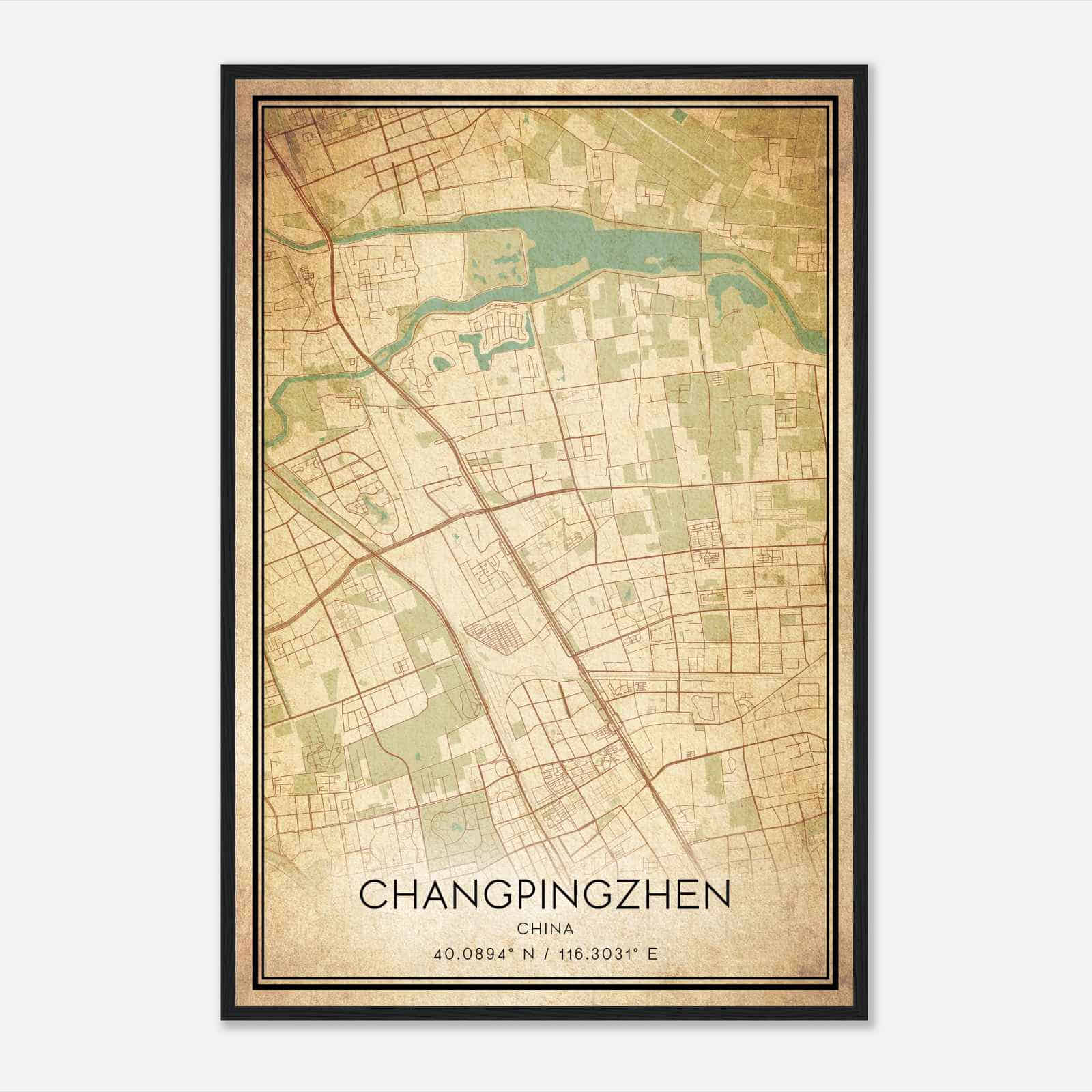 Vintage Changpingzhen China Map Poster, Changpingzhen City Road Wall Art Print