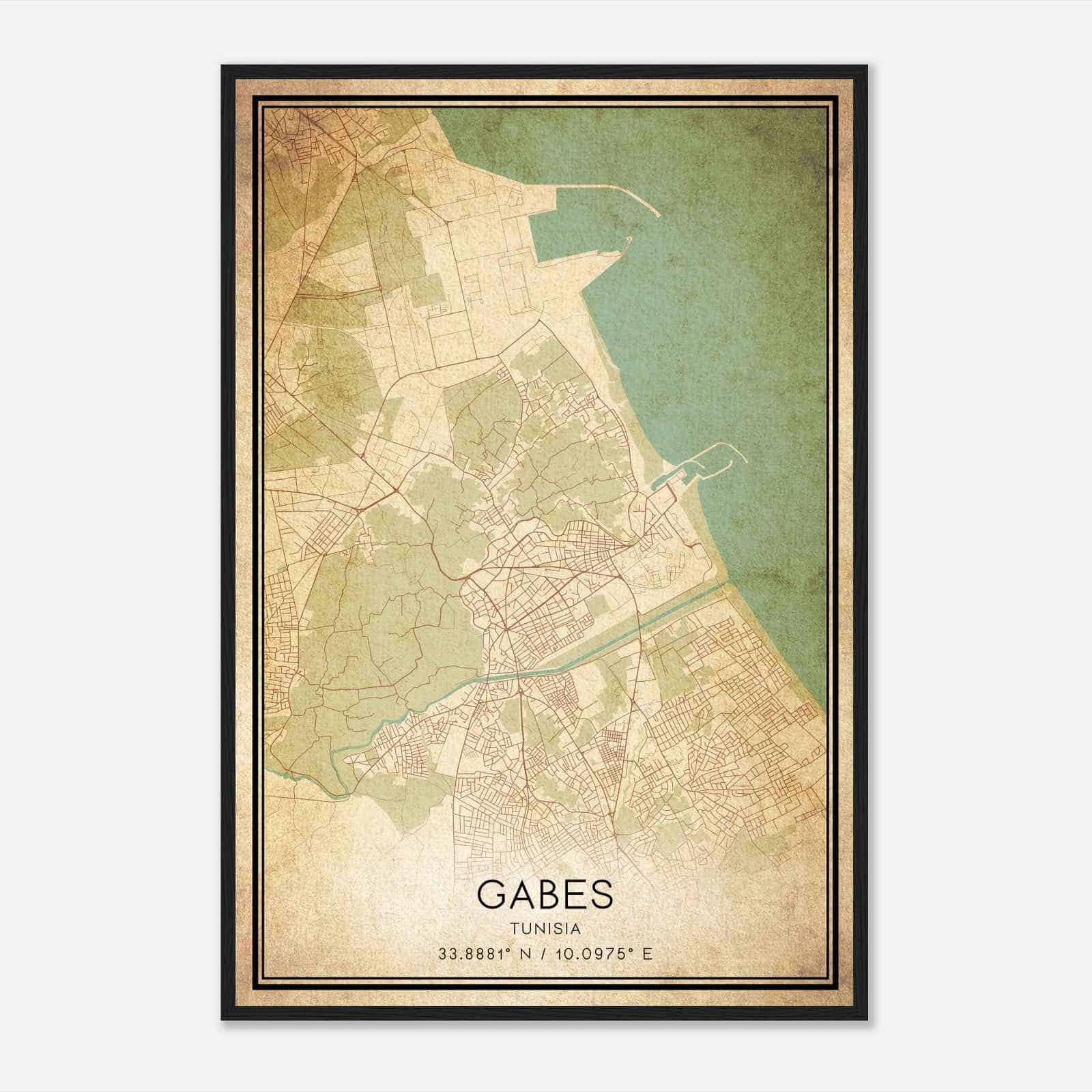 Vintage Gabes Tunisia Map Poster, Gabes City Road Wall Art Print