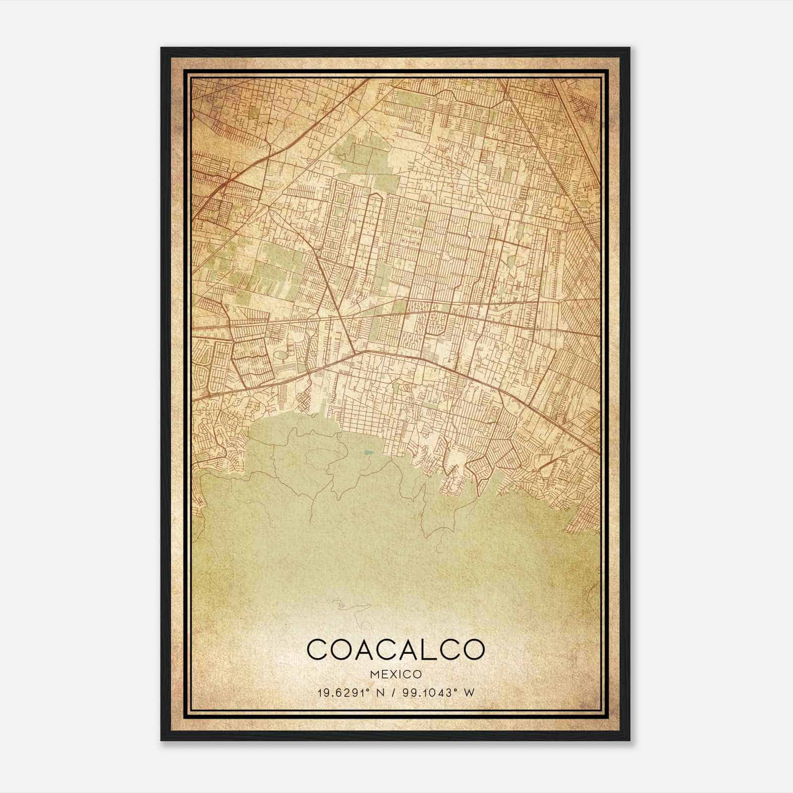 Vintage Coacalco Mexico Map Poster, Coacalco City Road Wall Art Print
