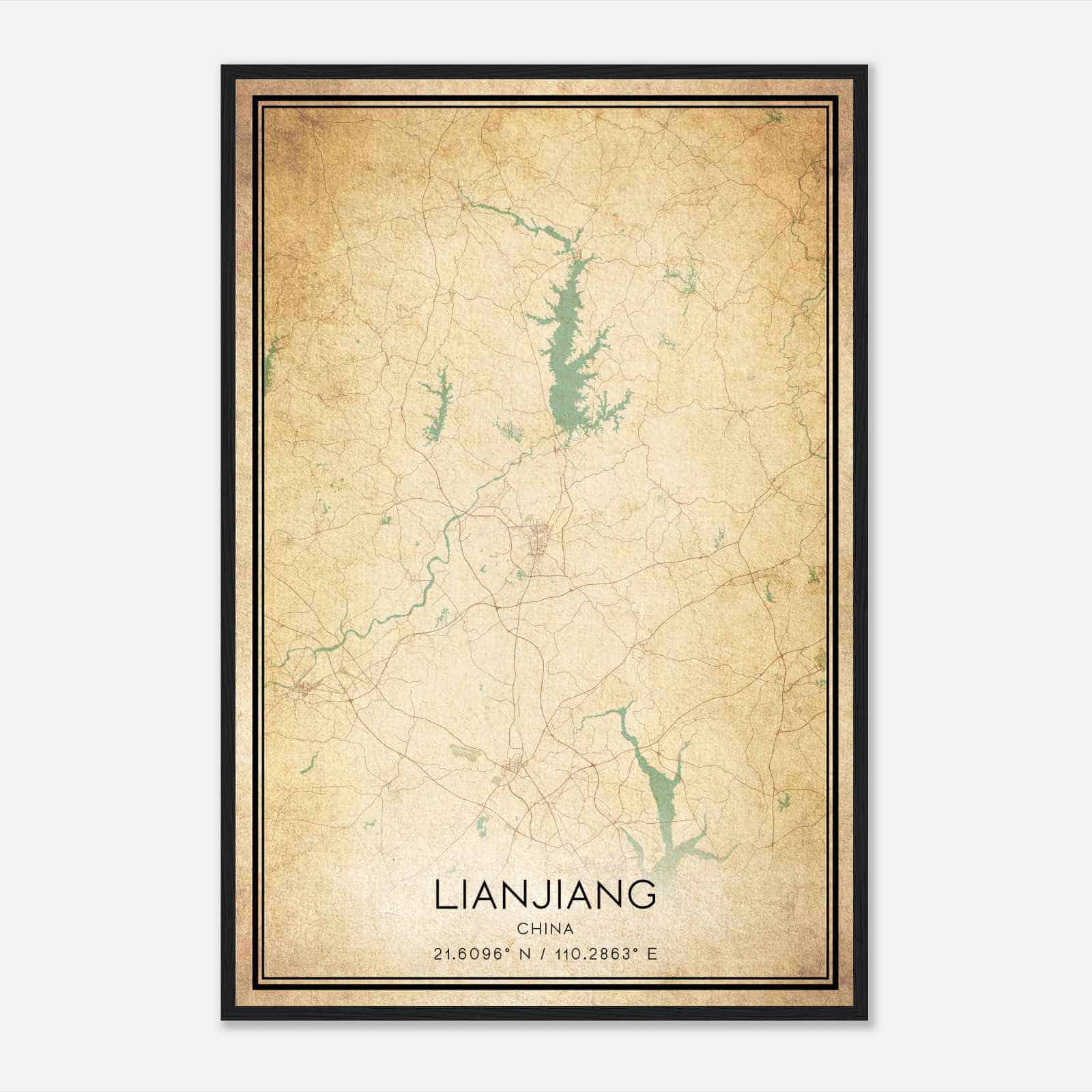 Vintage Lianjiang China Map Poster, Lianjiang City Road Wall Art Print