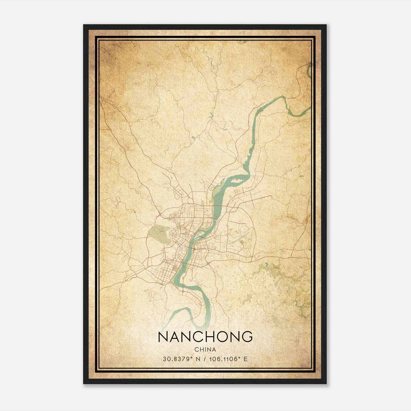 Vintage Nanchong China Map Poster, Nanchong City Road Wall Art Print