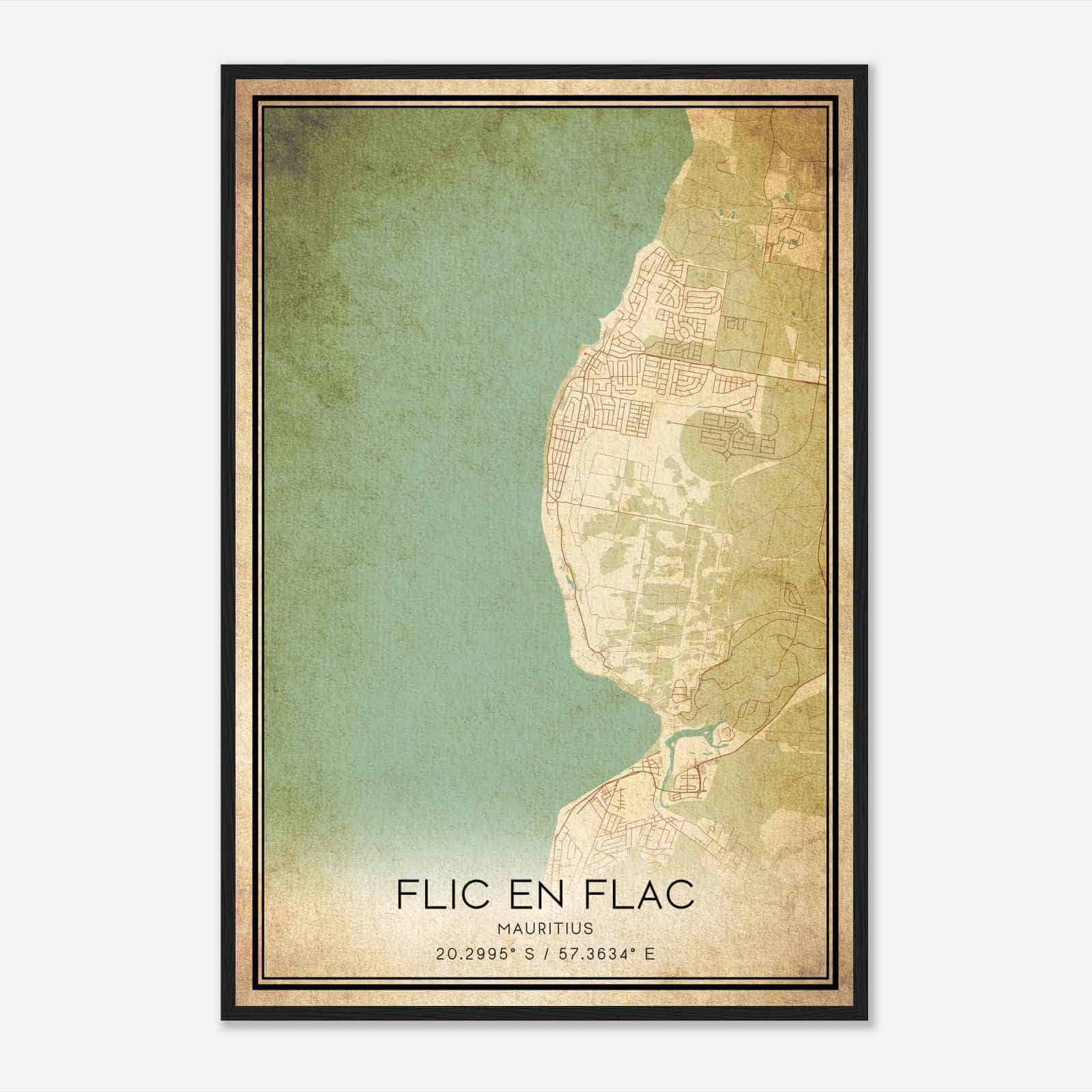 Vintage Flic en Flac Mauritius Map Poster, Flic en Flac City Road Wall Art Print