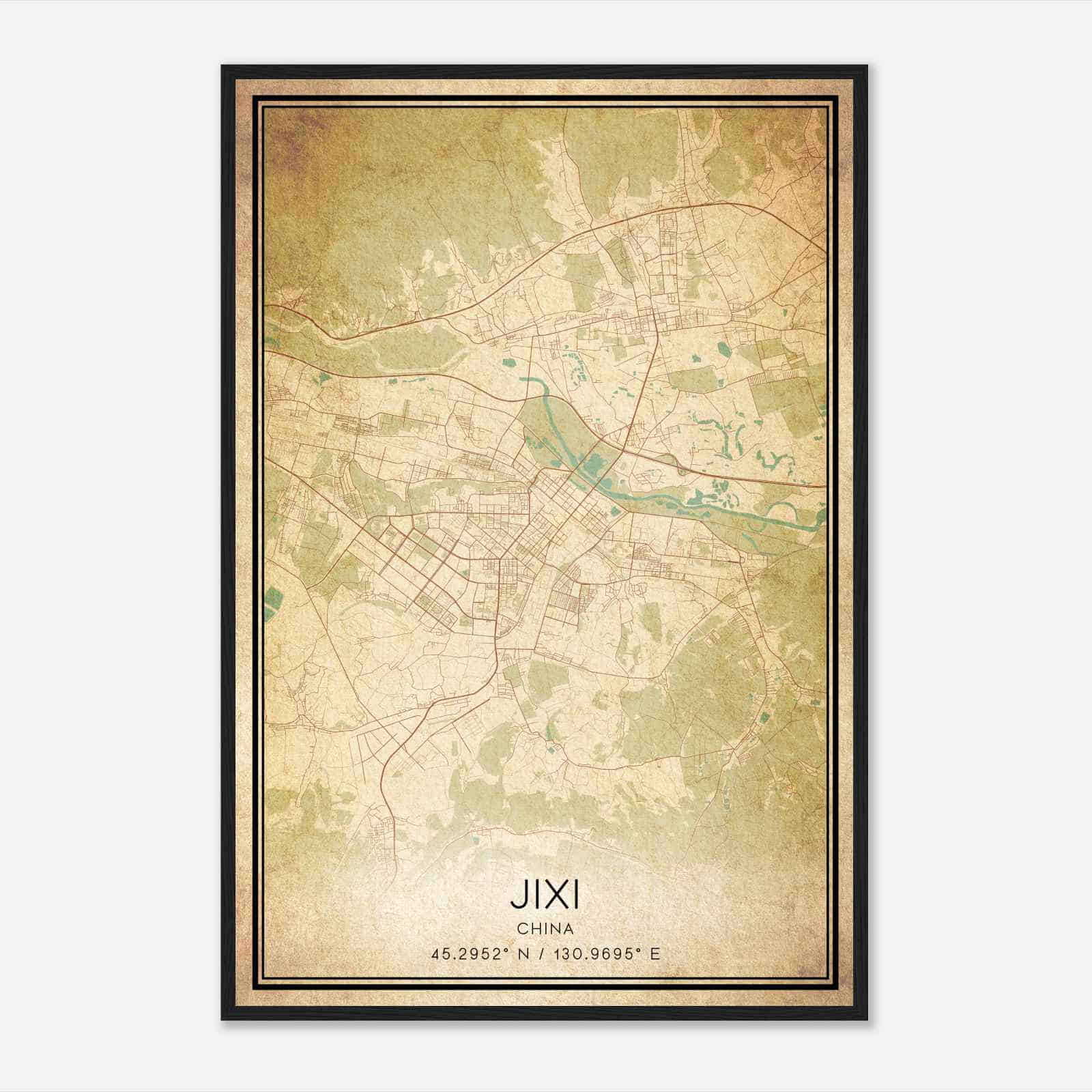 Vintage Jixi China Map Poster, Jixi City Road Wall Art Print