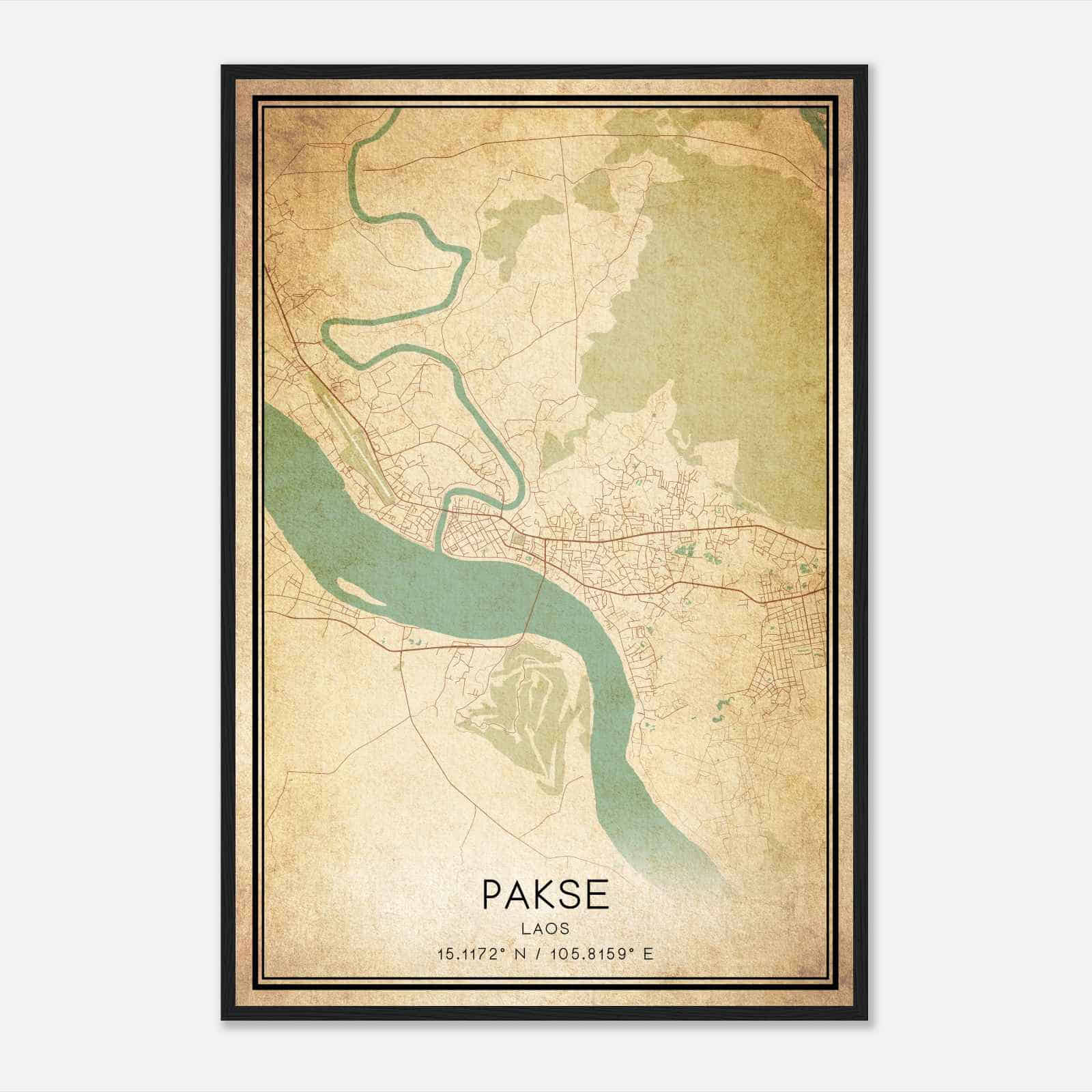 Vintage Pakse Laos Map Poster, Pakse City Road Wall Art Print