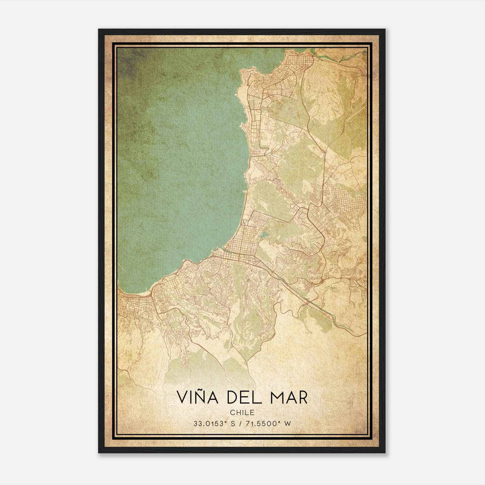 Vintage Vina del Mar Chile Map Poster, Vina del Mar City Road Wall Art Print