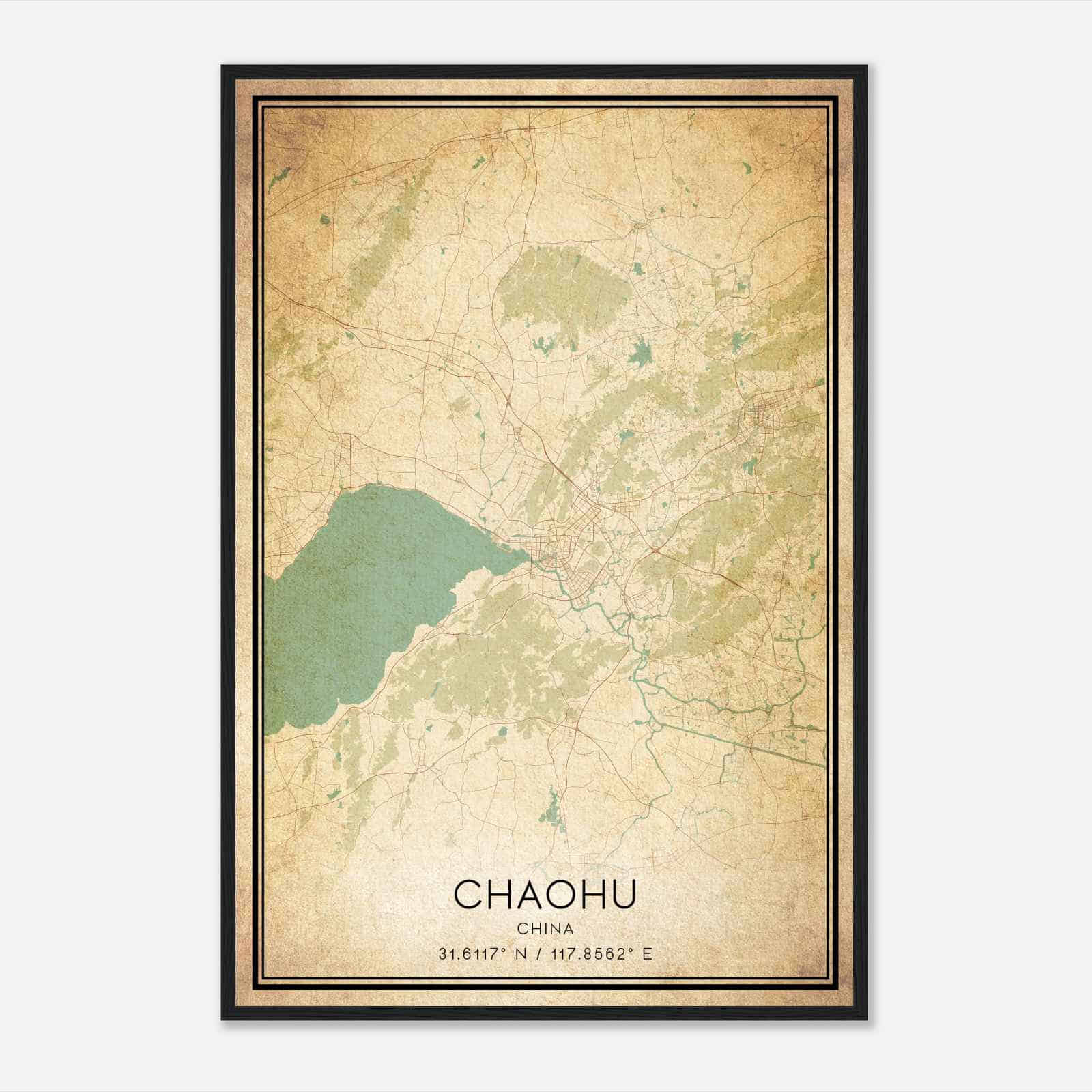 Vintage Chaohu China Map Poster, Chaohu City Road Wall Art Print