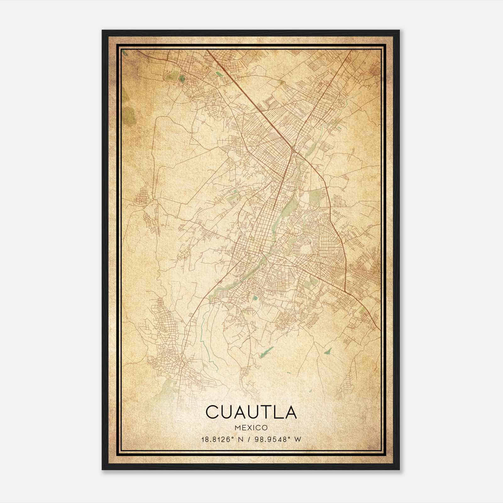 Vintage Cuautla Mexico Map Poster, Cuautla City Road Wall Art Print