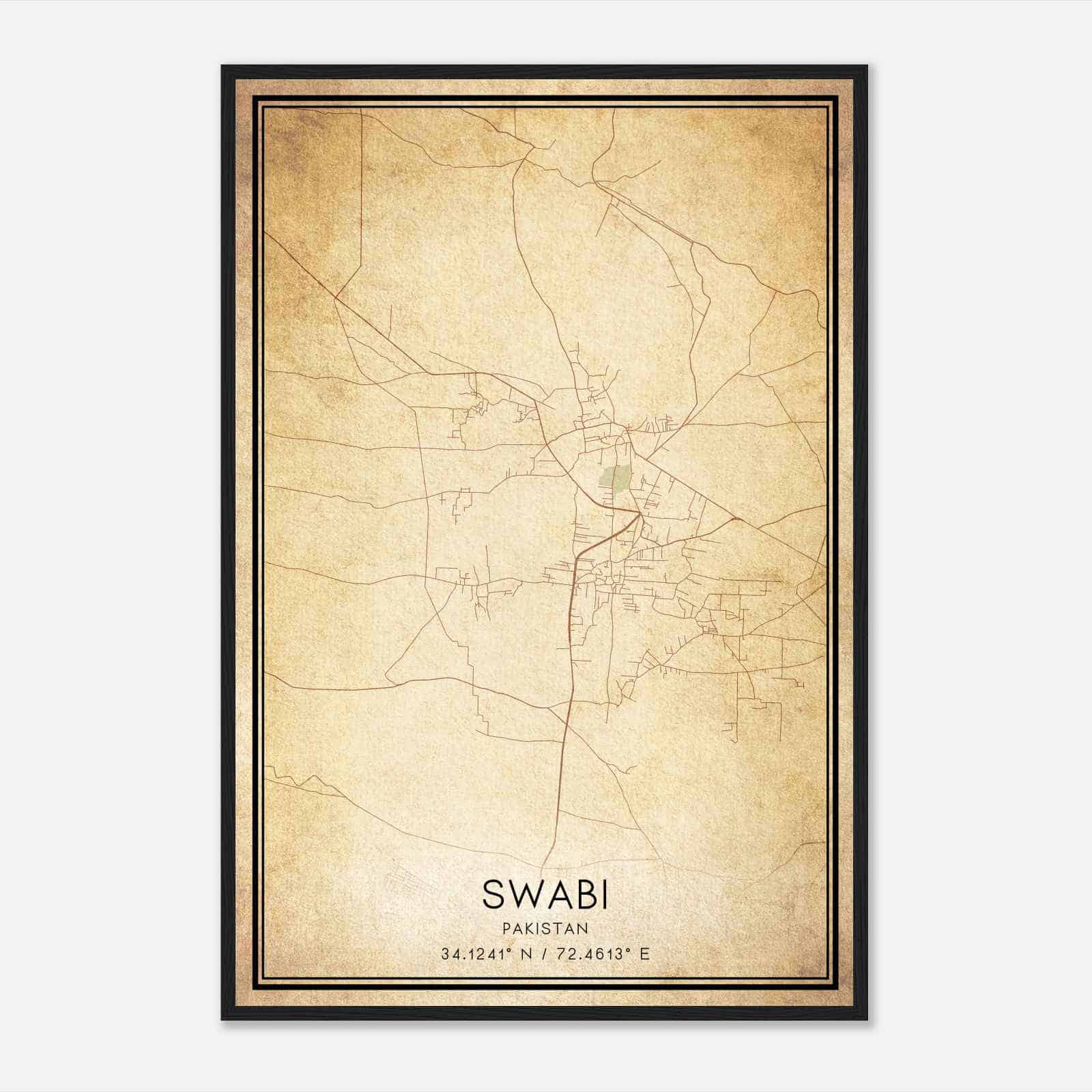 Vintage Swabi Pakistan Map Poster, Swabi City Road Wall Art Print
