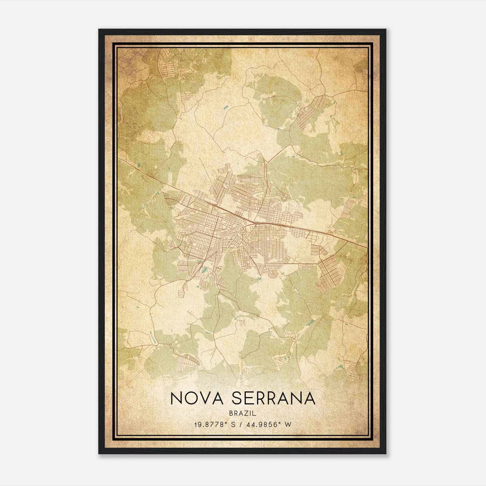 Vintage Nova Serrana Brazil Map Poster, Nova Serrana City Road Wall Art Print