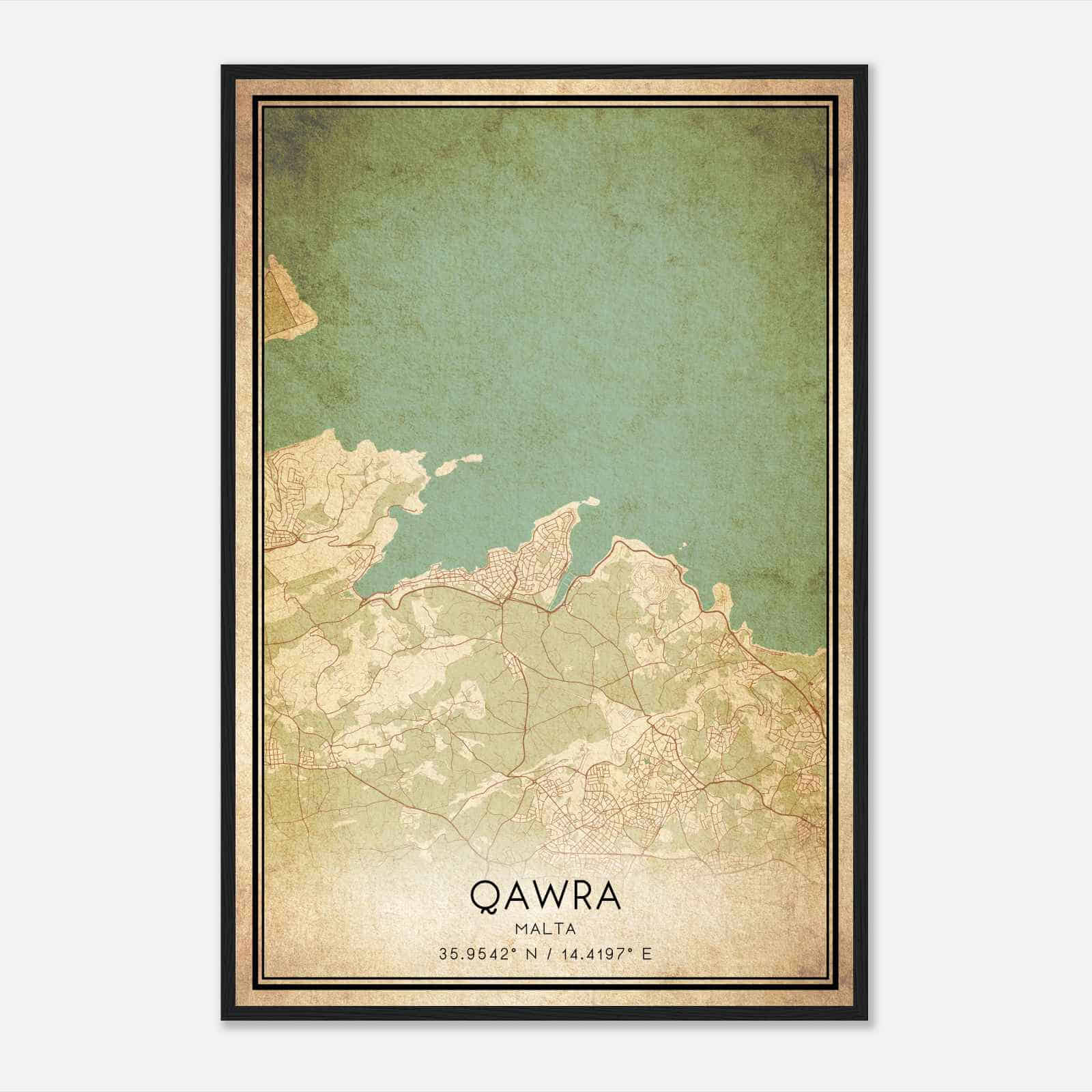 Vintage Qawra Malta Map Poster, Qawra City Road Wall Art Print