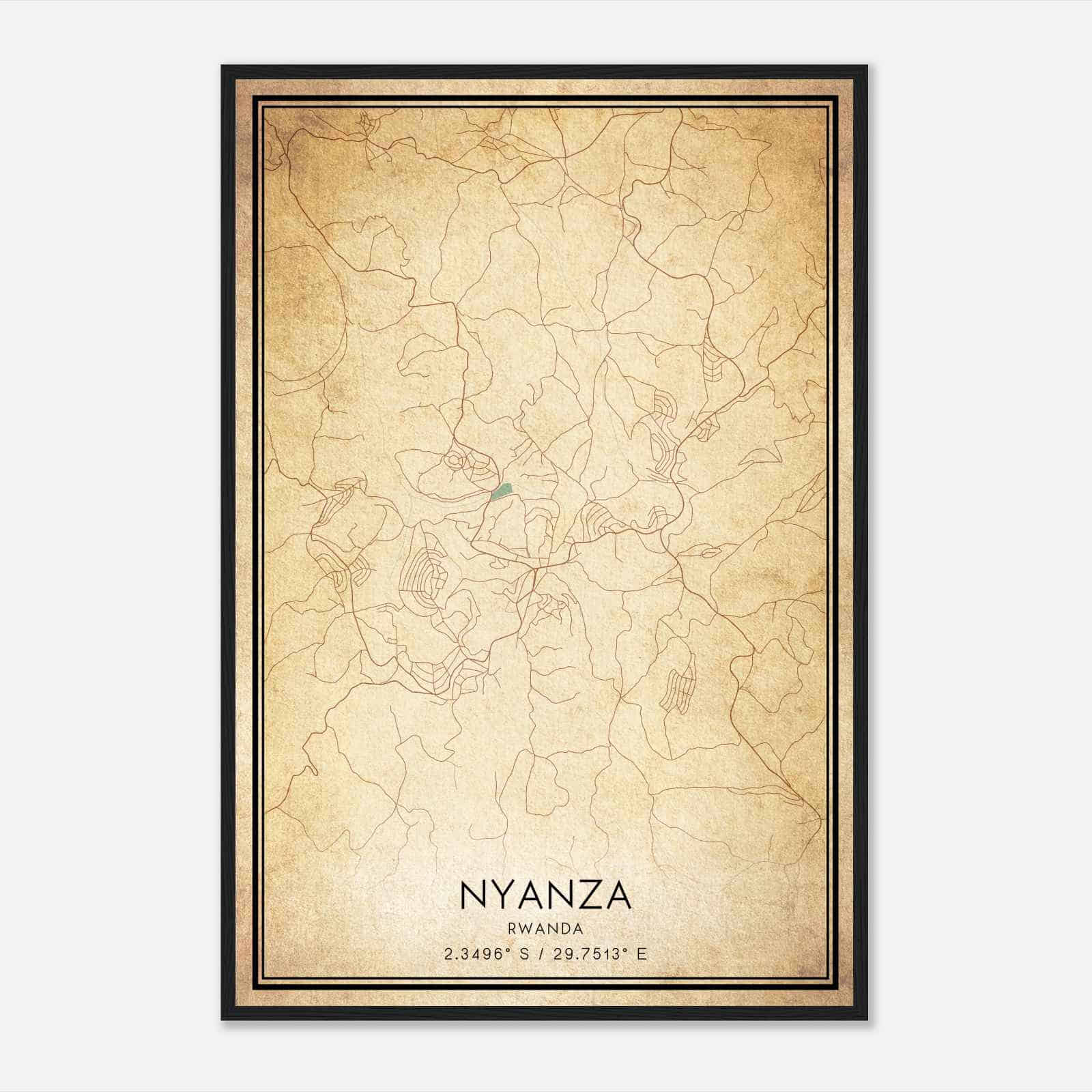 Vintage Nyanza Rwanda Map Poster, Nyanza City Road Wall Art Print