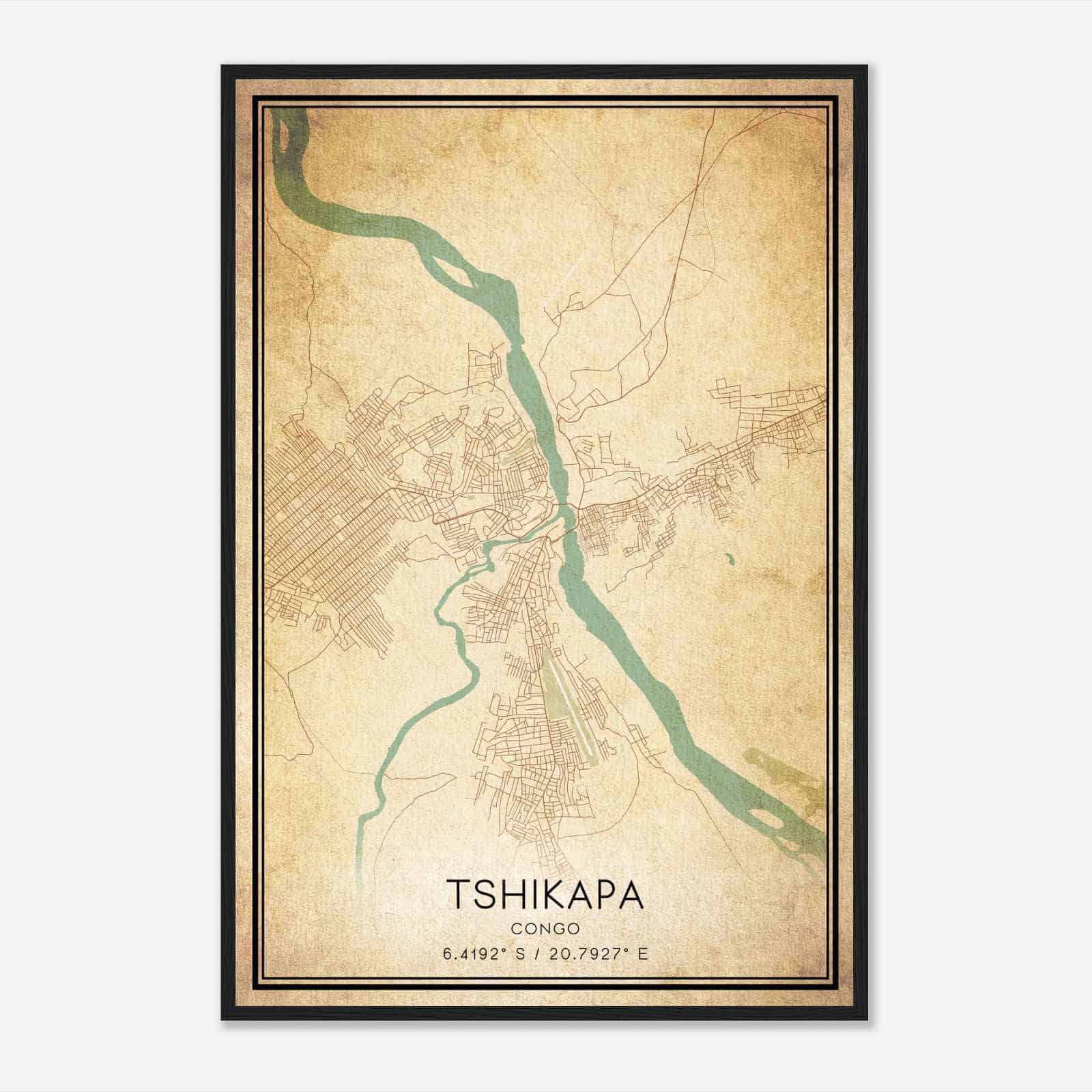 Vintage Tshikapa Congo Map Poster, Tshikapa City Road Wall Art Print