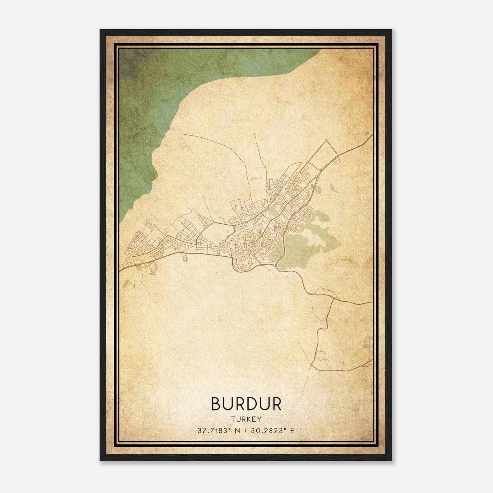 Vintage Burdur Turkey Map Poster, Burdur City Road Wall Art Print