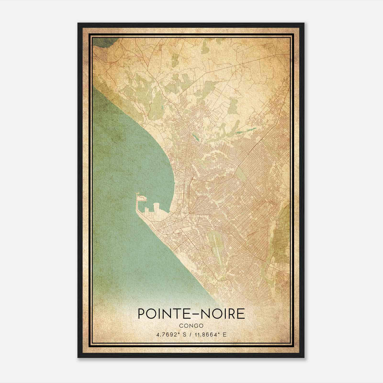 Vintage PointeNoire Congo Map Poster, PointeNoire City Road Wall Art Print