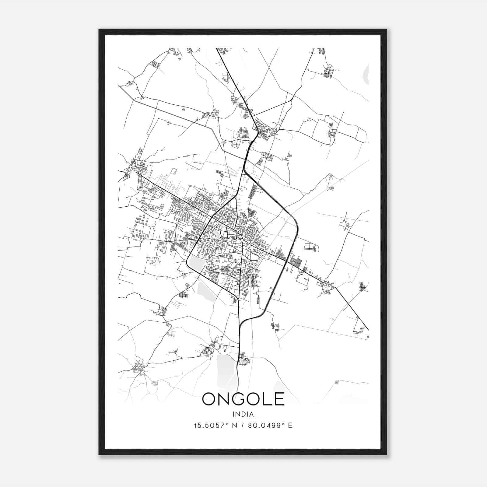 Ongole India Map Poster, Ongole City Road Wall Art Print