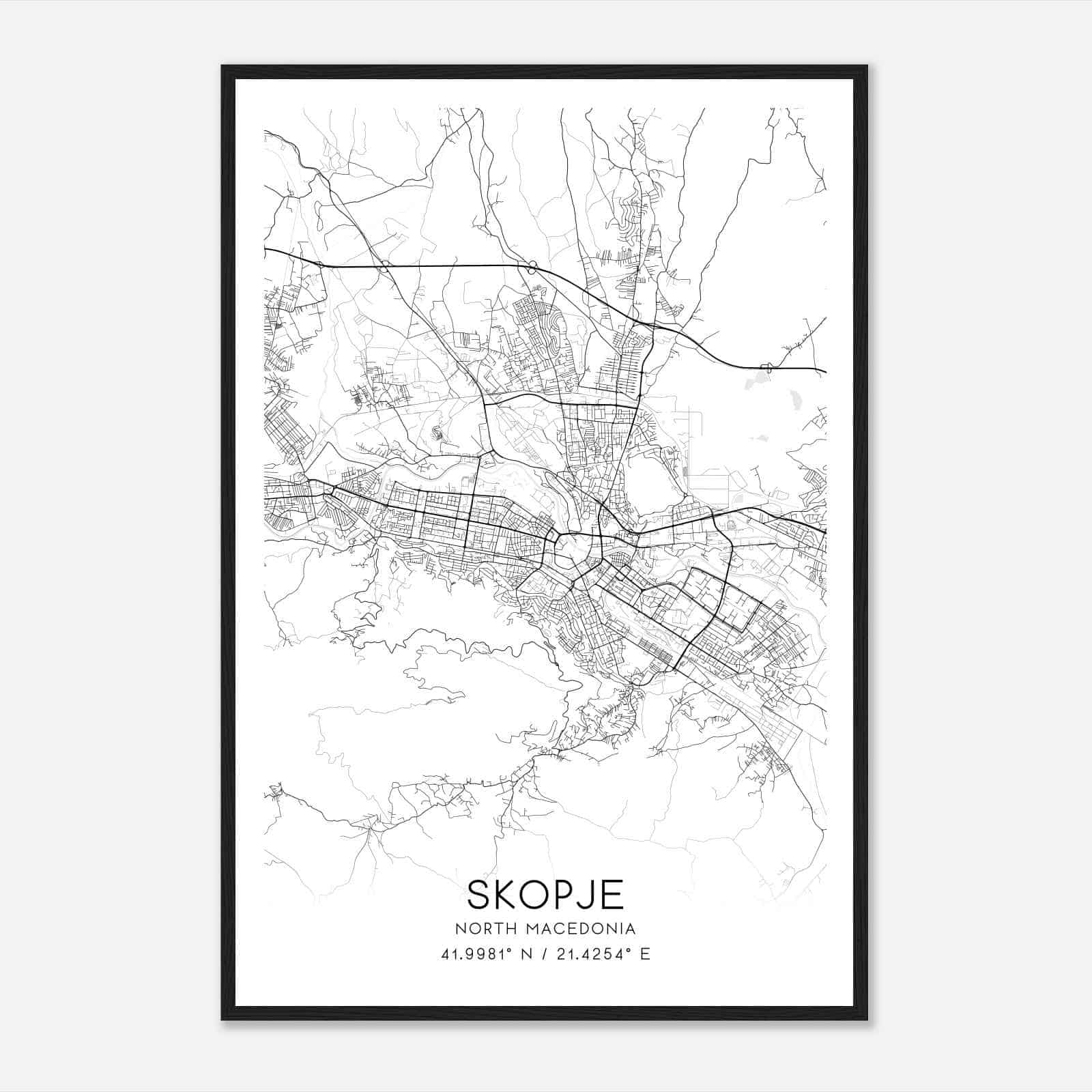 Skopje North Macedonia Map Poster, Skopje City Road Wall Art Print