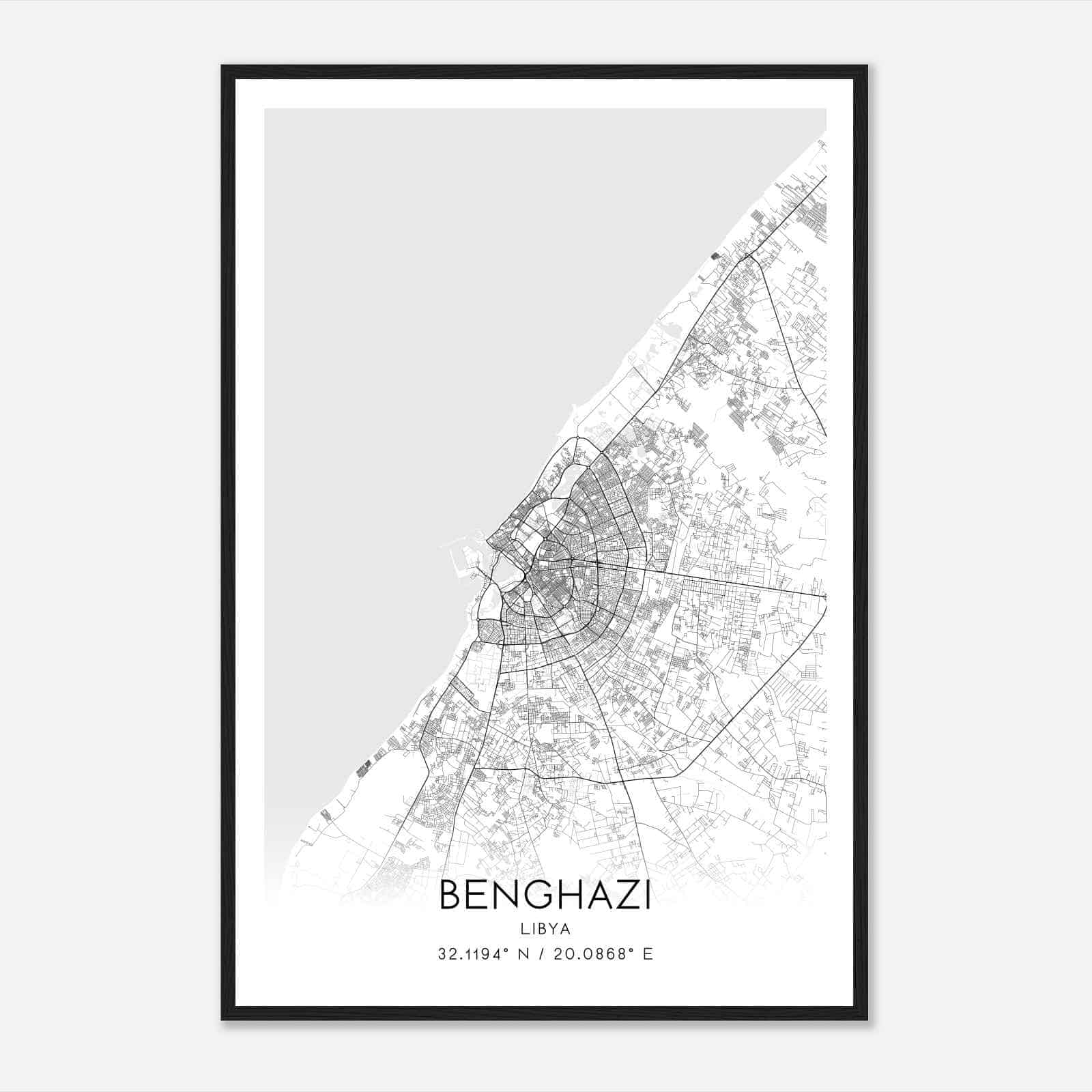 Benghazi Libya Map Poster, Benghazi City Road Wall Art Print