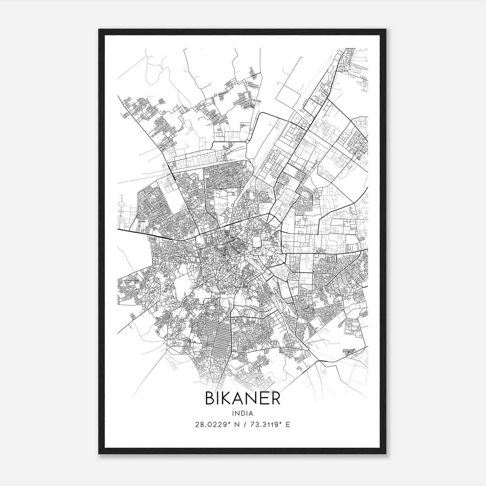 Bikaner India Map Poster, Bikaner City Road Wall Art Print