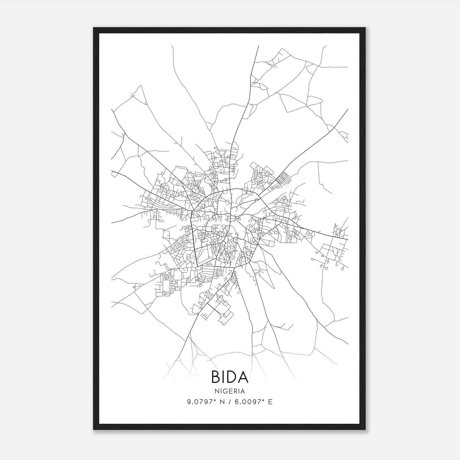 Bida Nigeria Map Poster, Bida City Road Wall Art Print