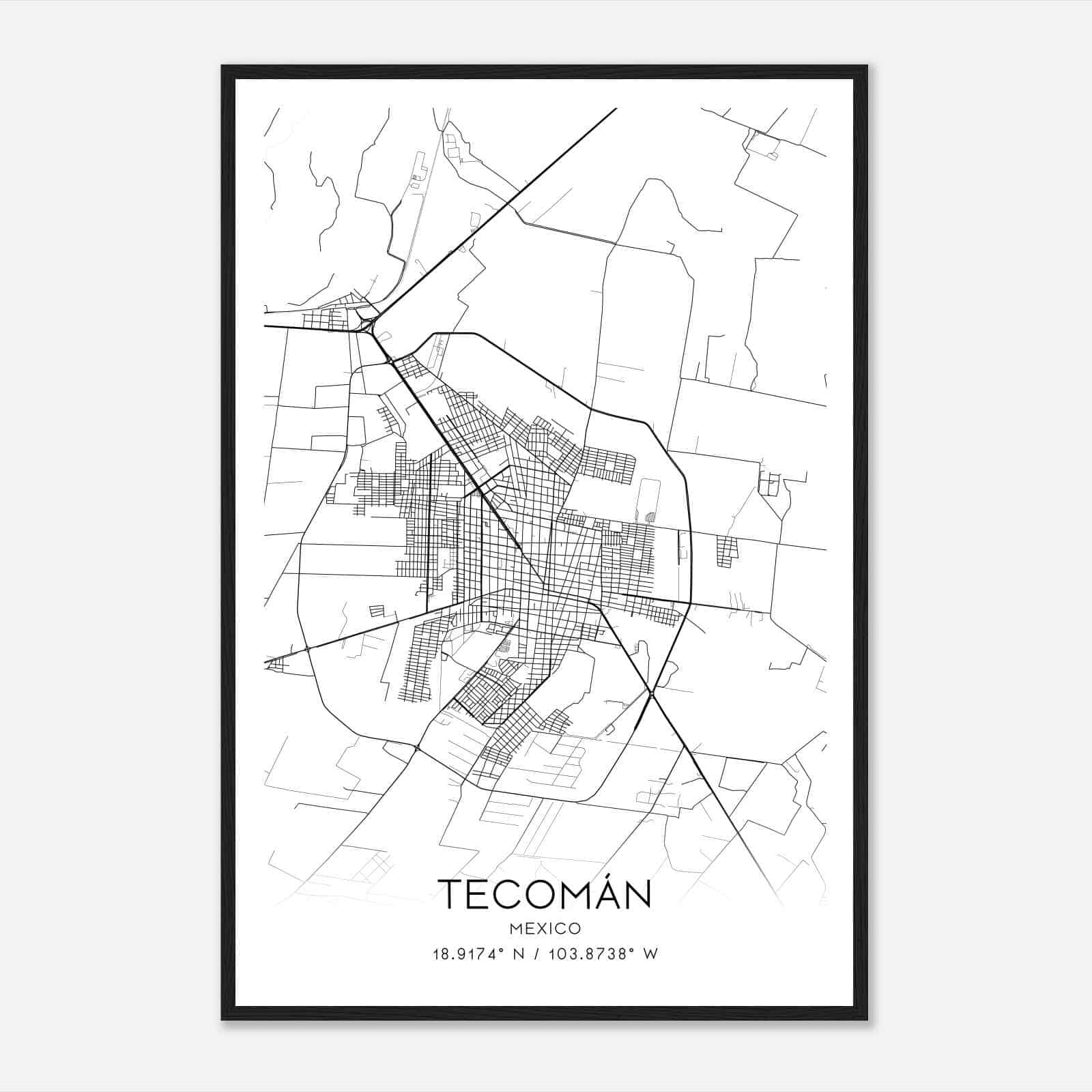 Tecoman Mexico Map Poster, Tecoman City Road Wall Art Print