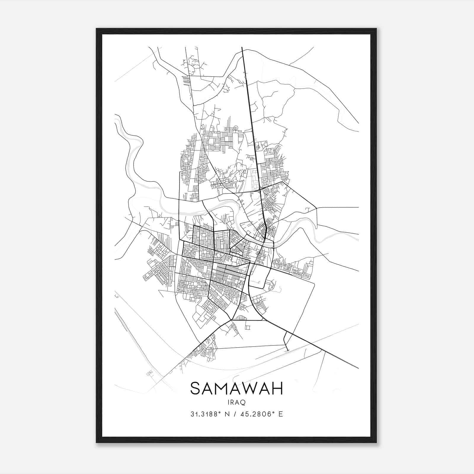 Samawah Iraq Map Poster, Samawah City Road Wall Art Print