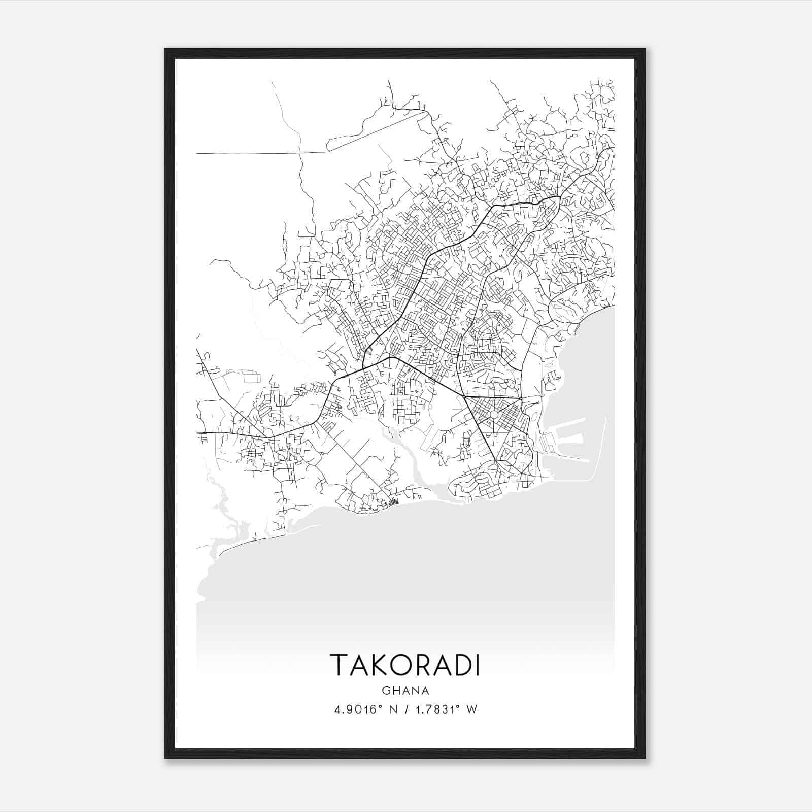 Takoradi Ghana Map Poster, Takoradi City Road Wall Art Print