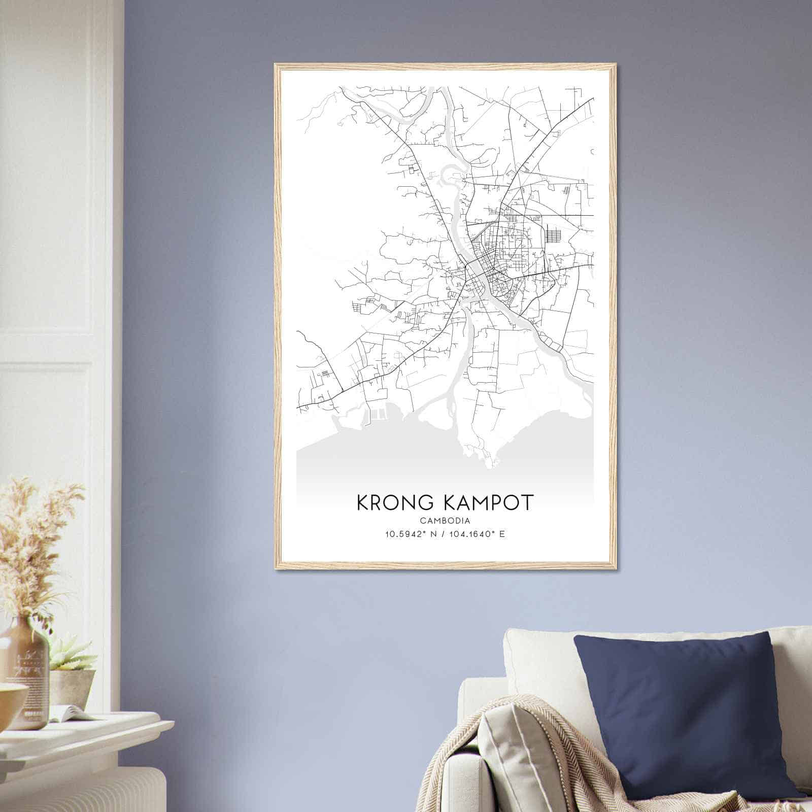 Krong Kampot Cambodia Map Poster, Krong Kampot City Road Wall Art Print