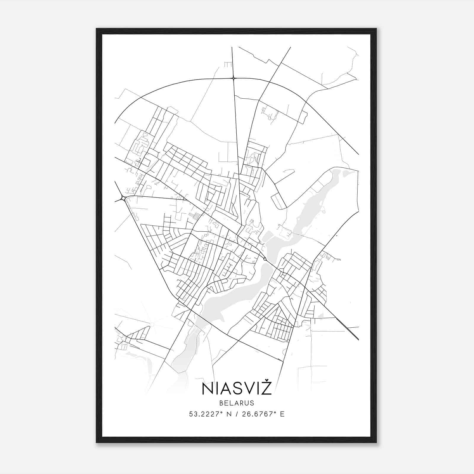 Niasviz Belarus Map Poster, Niasviz City Road Wall Art Print