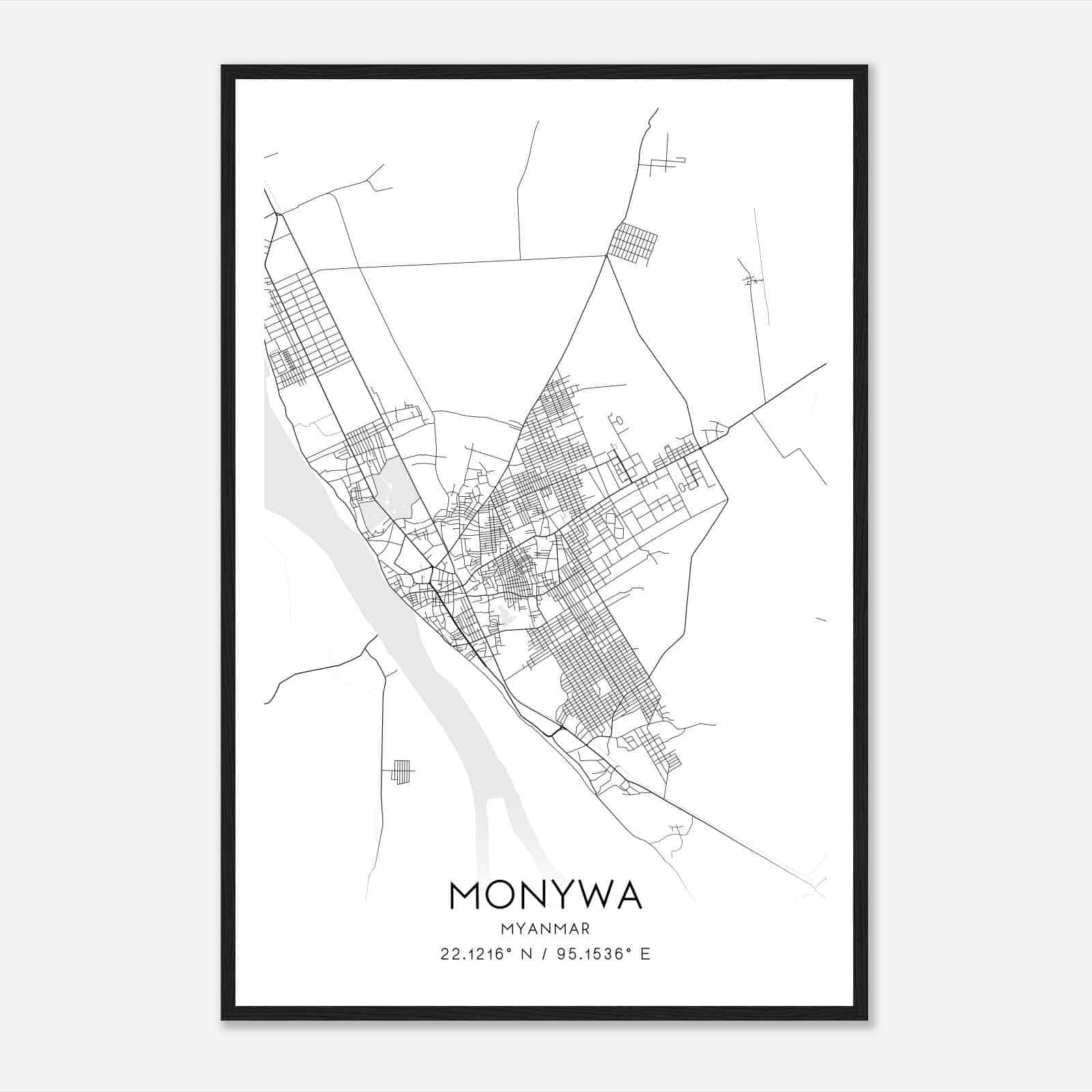 Monywa Myanmar Map Poster, Monywa City Road Wall Art Print