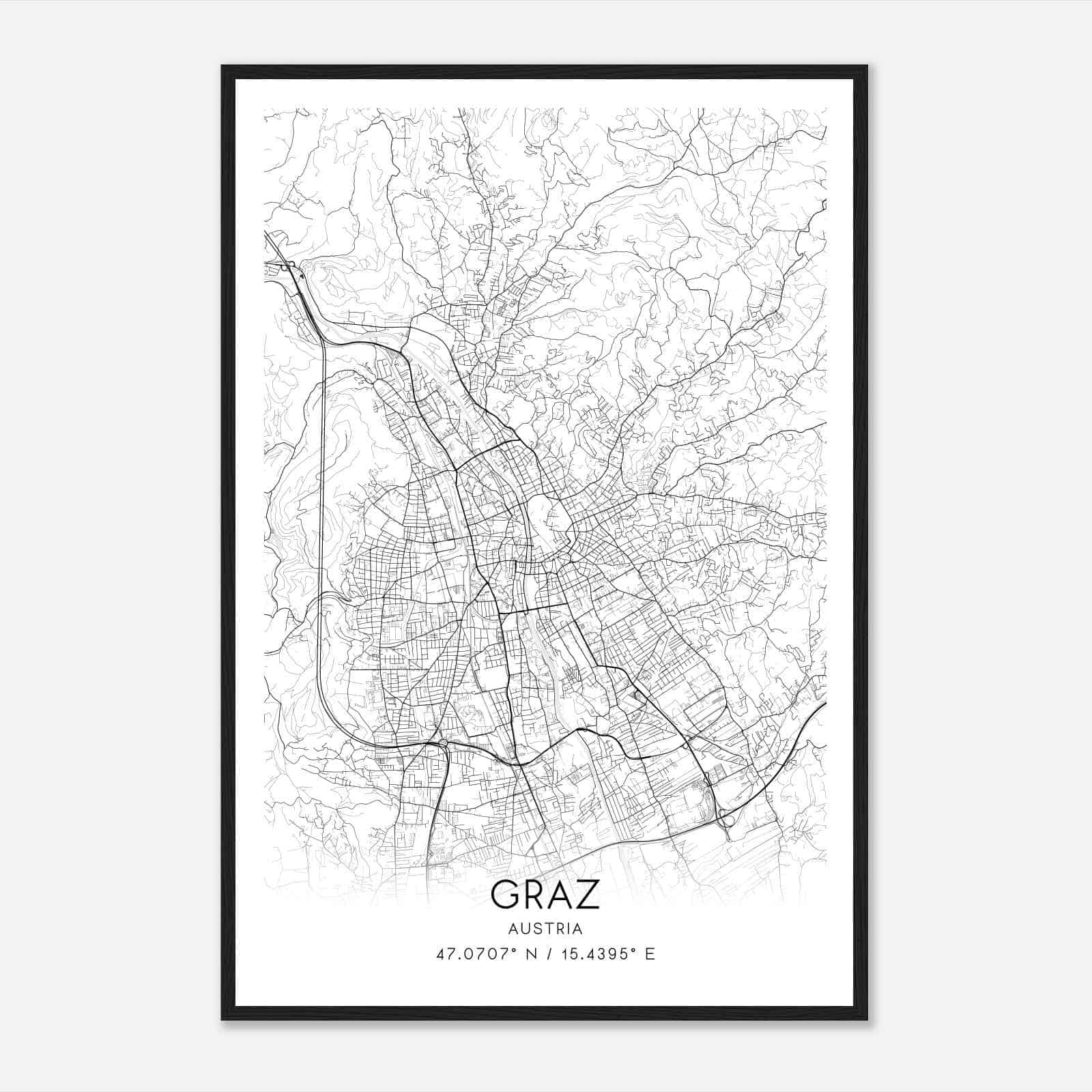 Graz Austria Map Poster, Graz City Road Wall Art Print
