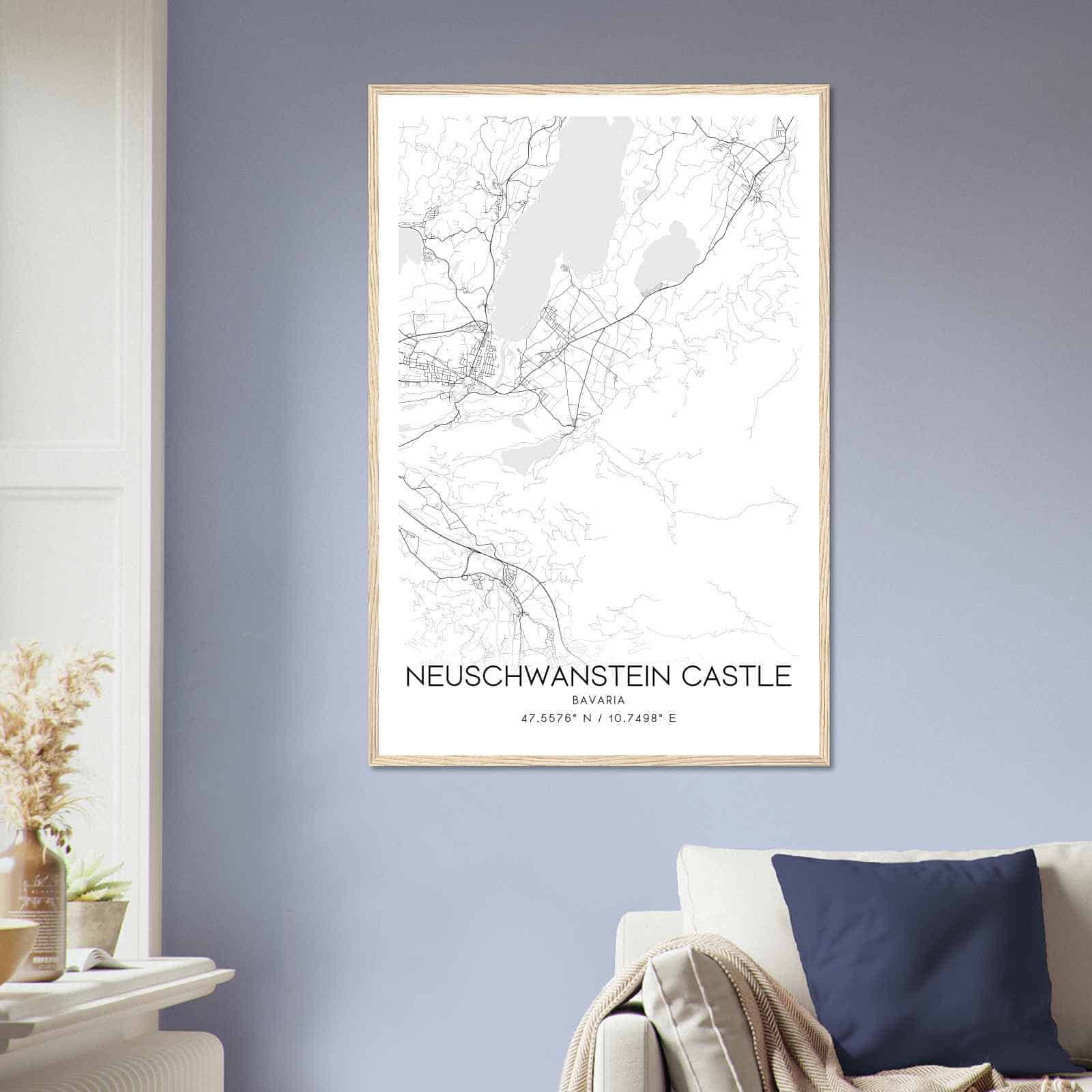Neuschwanstein Castle Bavaria Map Poster, Neuschwanstein Castle City Road Wall Art Print