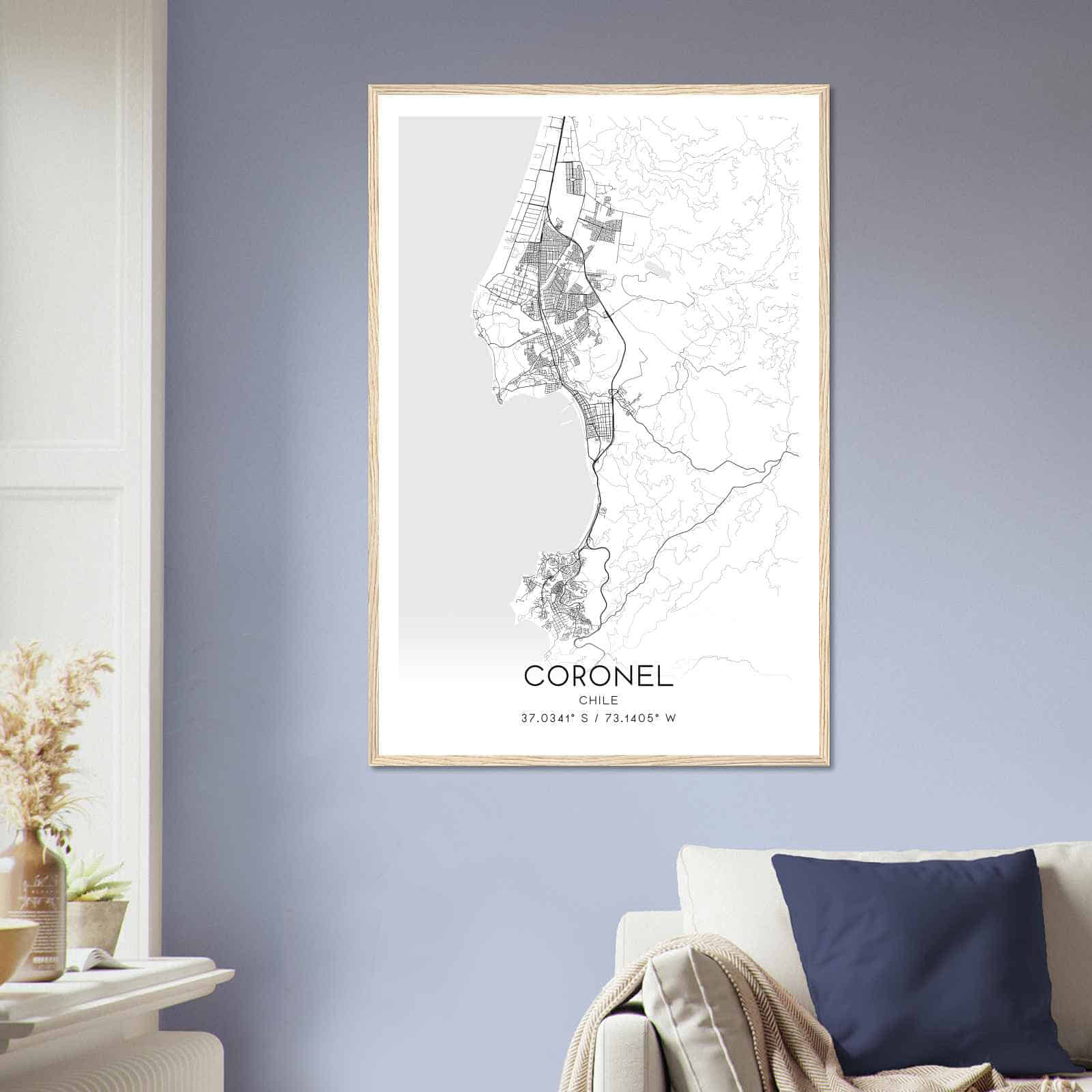 Coronel Chile Map Poster, Coronel City Road Wall Art Print