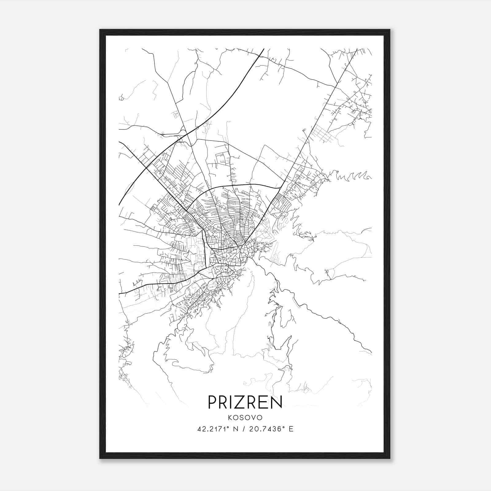 Prizren Kosovo Map Poster, Prizren City Road Wall Art Print