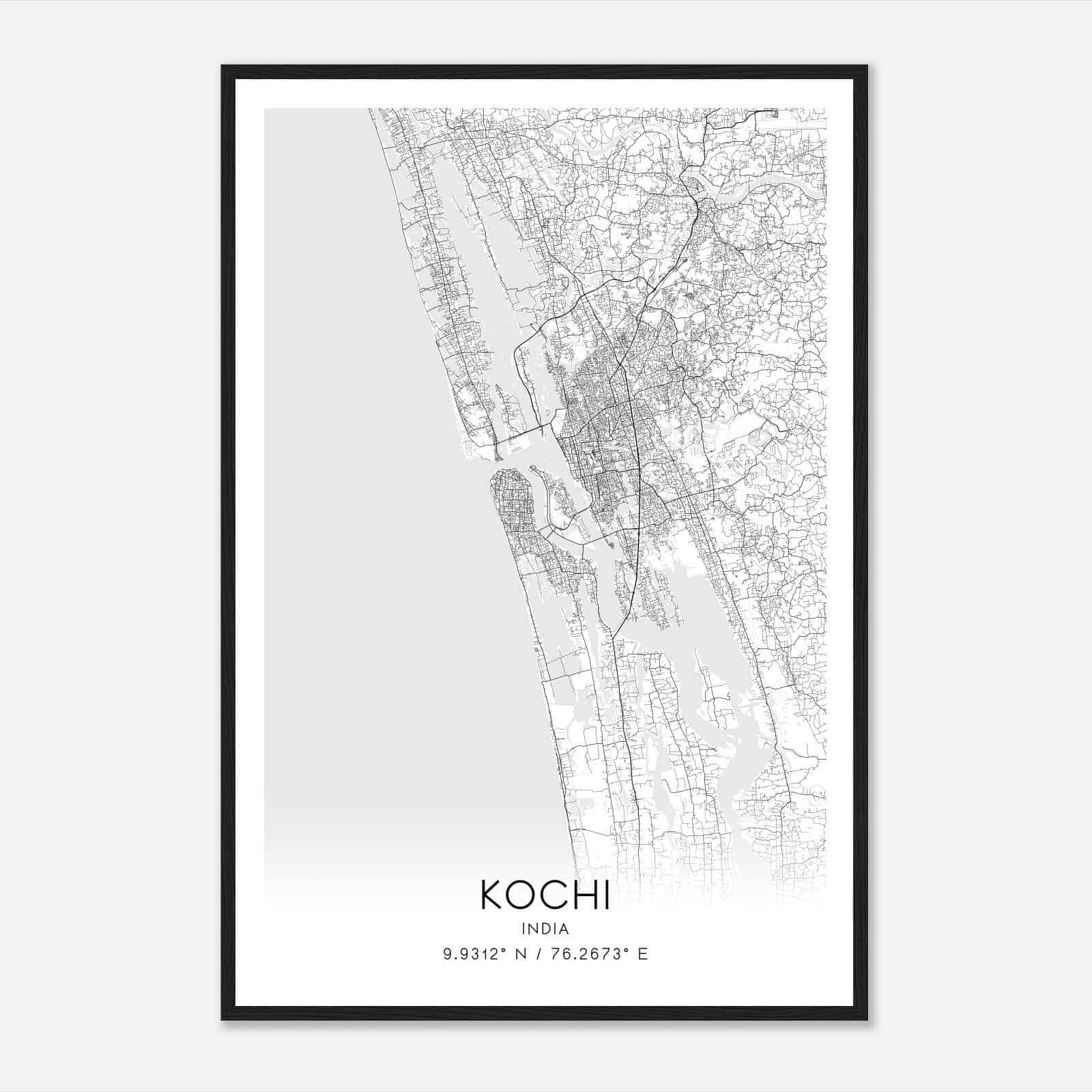 Kochi India Map Poster, Kochi City Road Wall Art Print