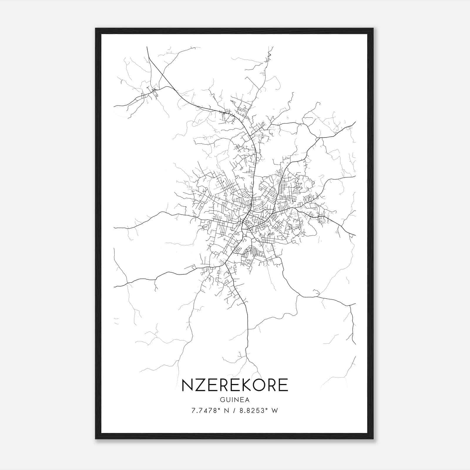 Nzerekore Guinea Map Poster, Nzerekore City Road Wall Art Print