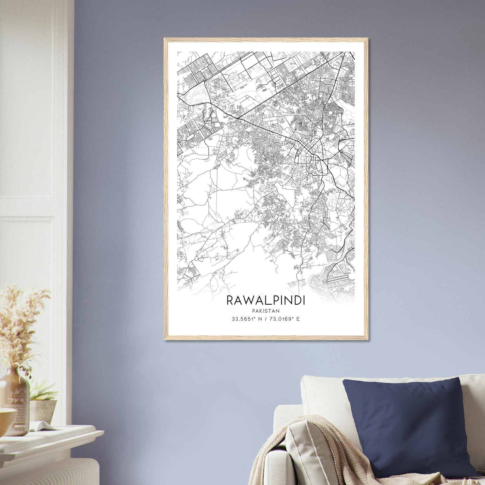 Rawalpindi Pakistan Map Poster, Rawalpindi City Road Wall Art Print