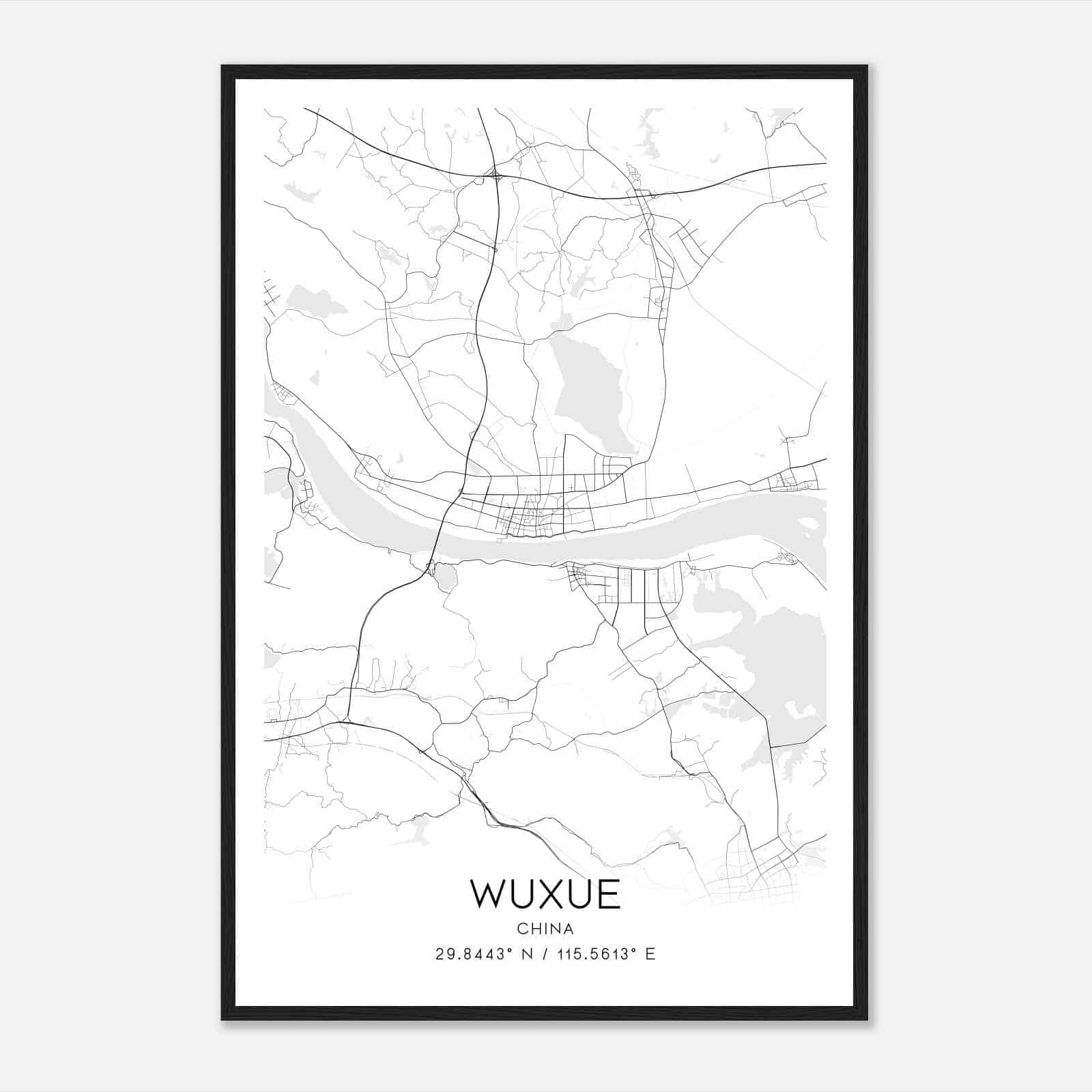 Wuxue China Map Poster, Wuxue City Road Wall Art Print