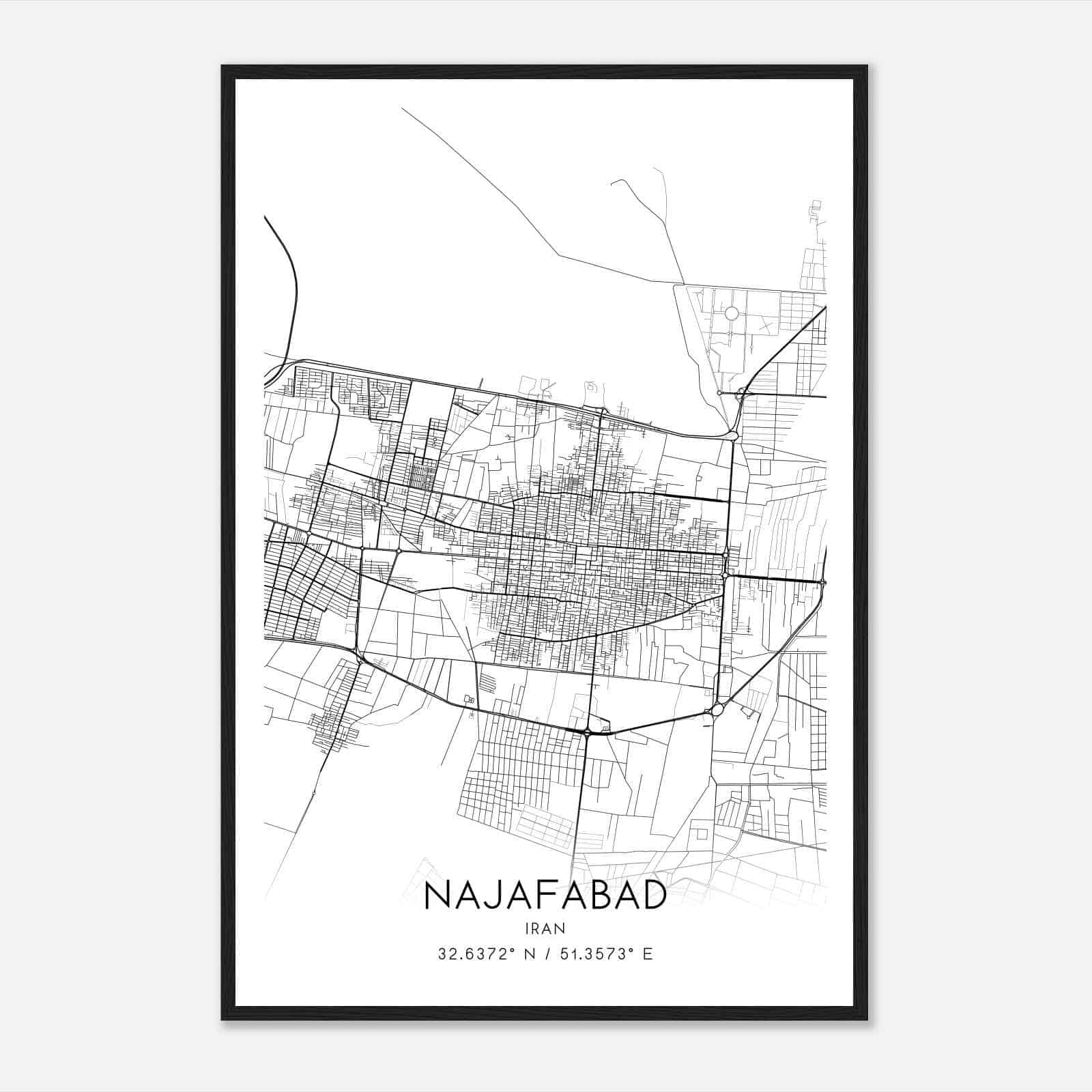 Najafabad Iran Map Poster, Najafabad City Road Wall Art Print