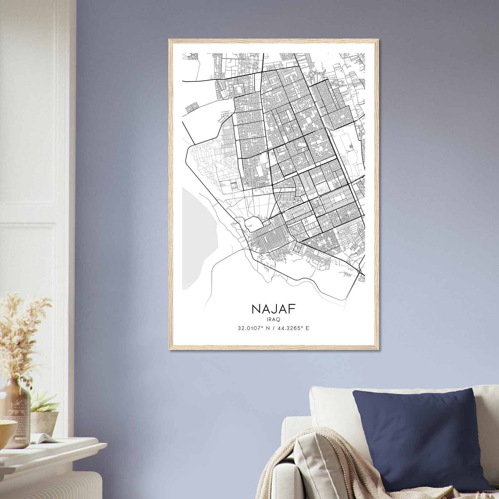 Najaf Iraq Map Poster, Najaf City Road Wall Art Print