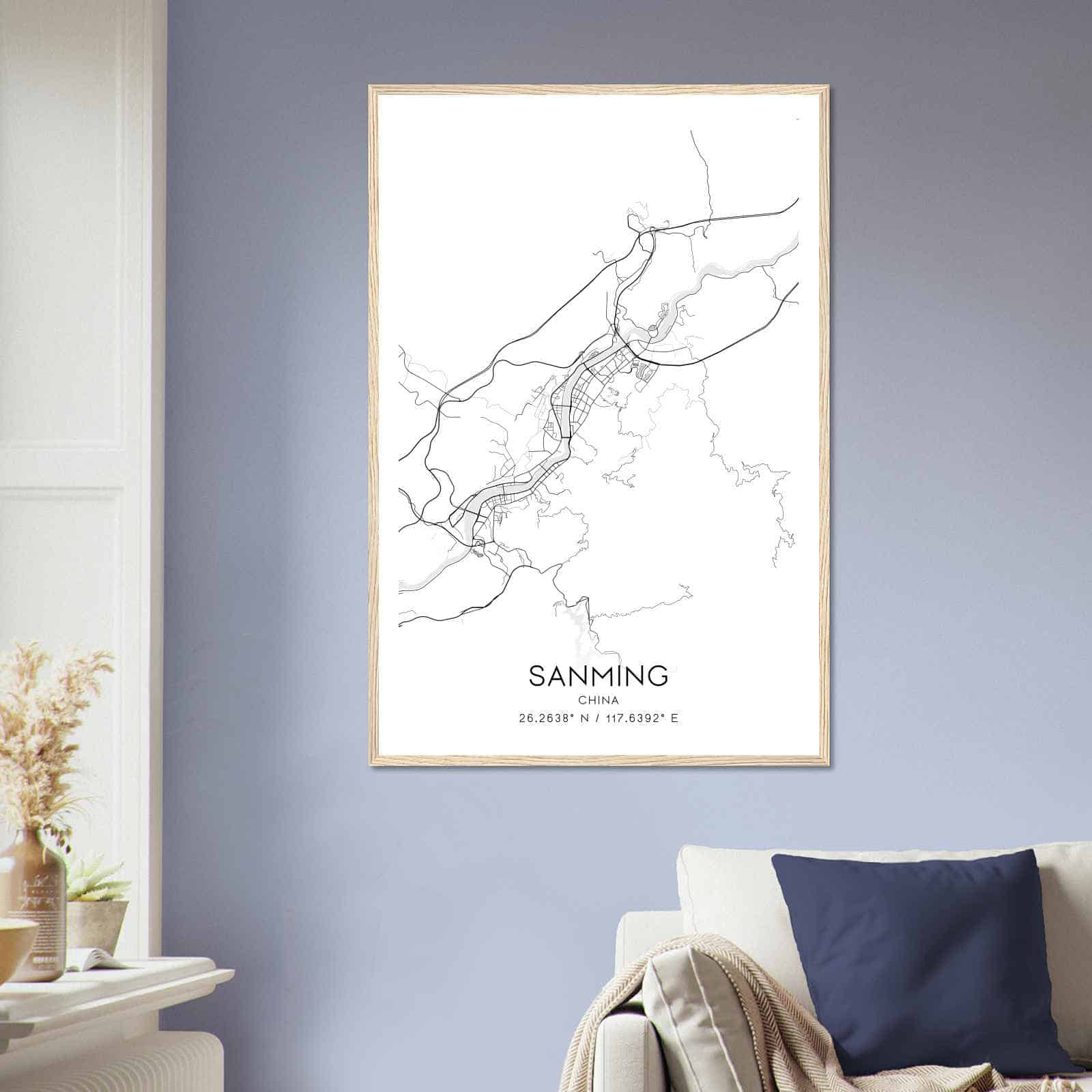 Sanming China Map Poster, Sanming City Road Wall Art Print