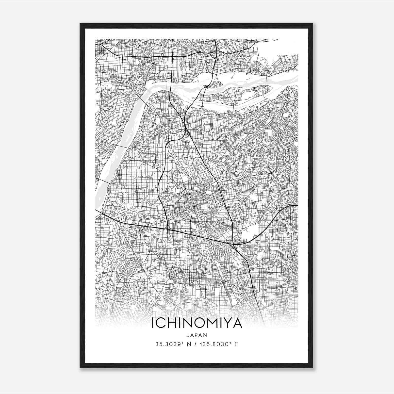 Ichinomiya Japan Map Poster, Ichinomiya City Road Wall Art Print