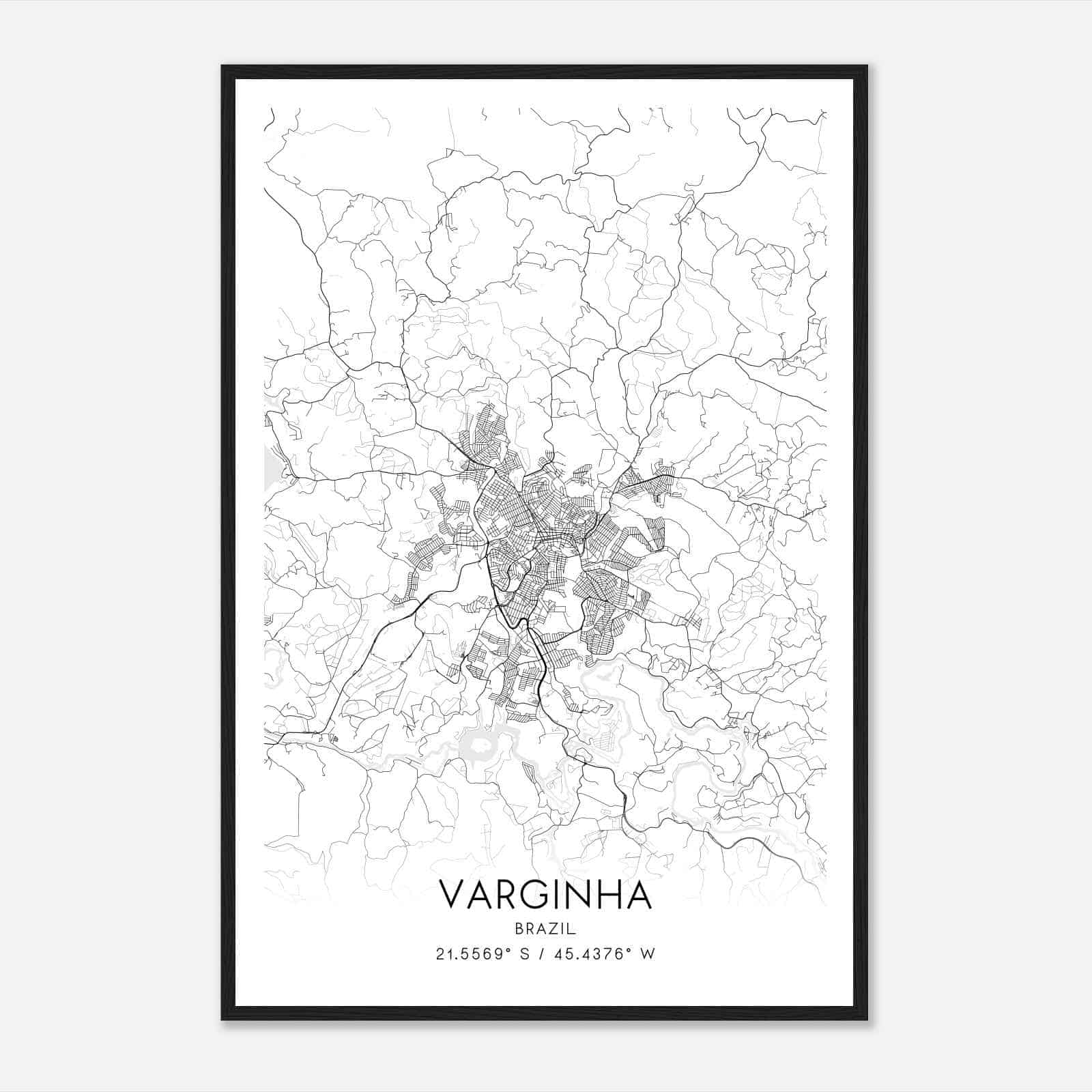 Varginha Brazil Map Poster, Varginha City Road Wall Art Print